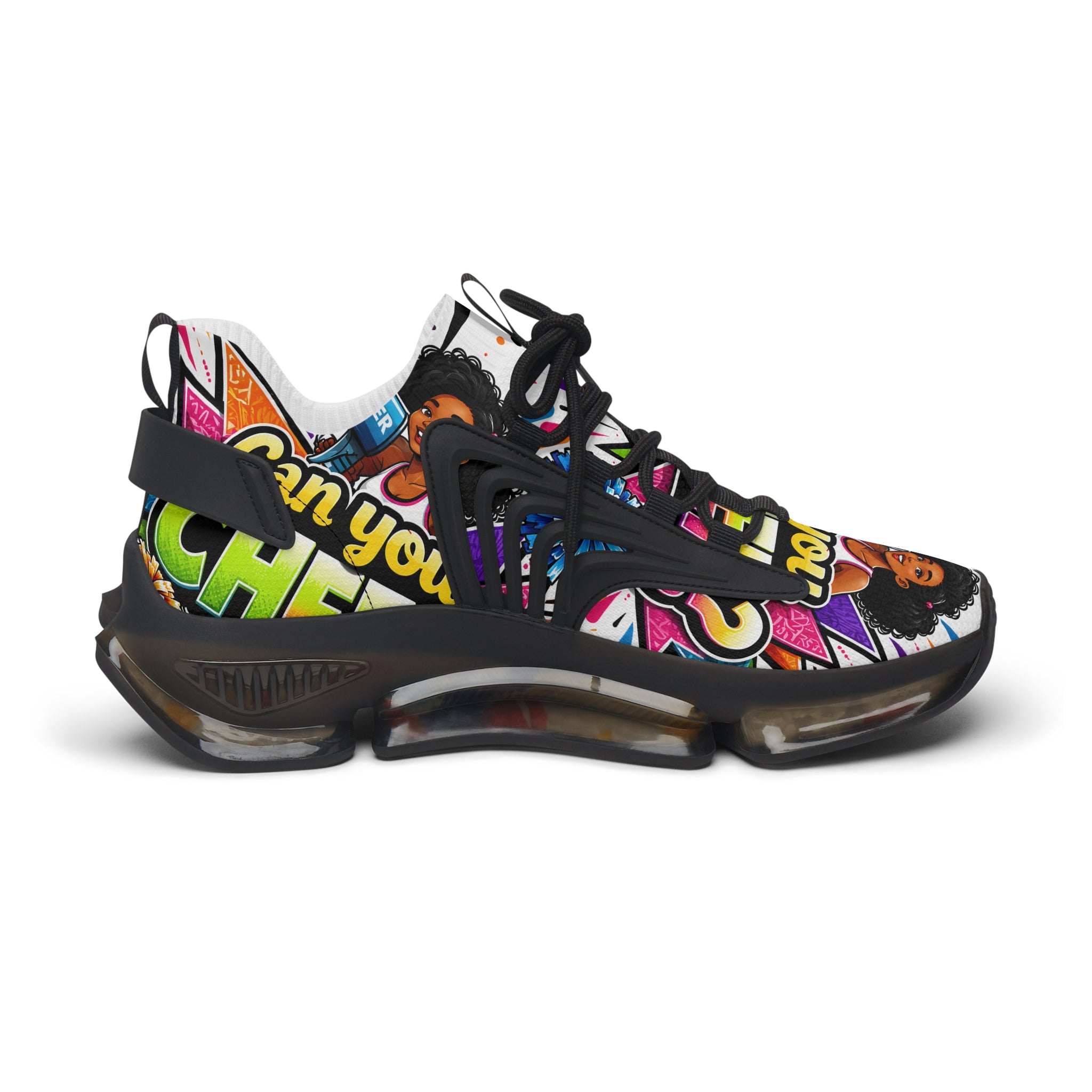 Women's Mesh Sneakers — Colorful Pop Art 'Can You Cheer?' Graphic Athletic Shoes