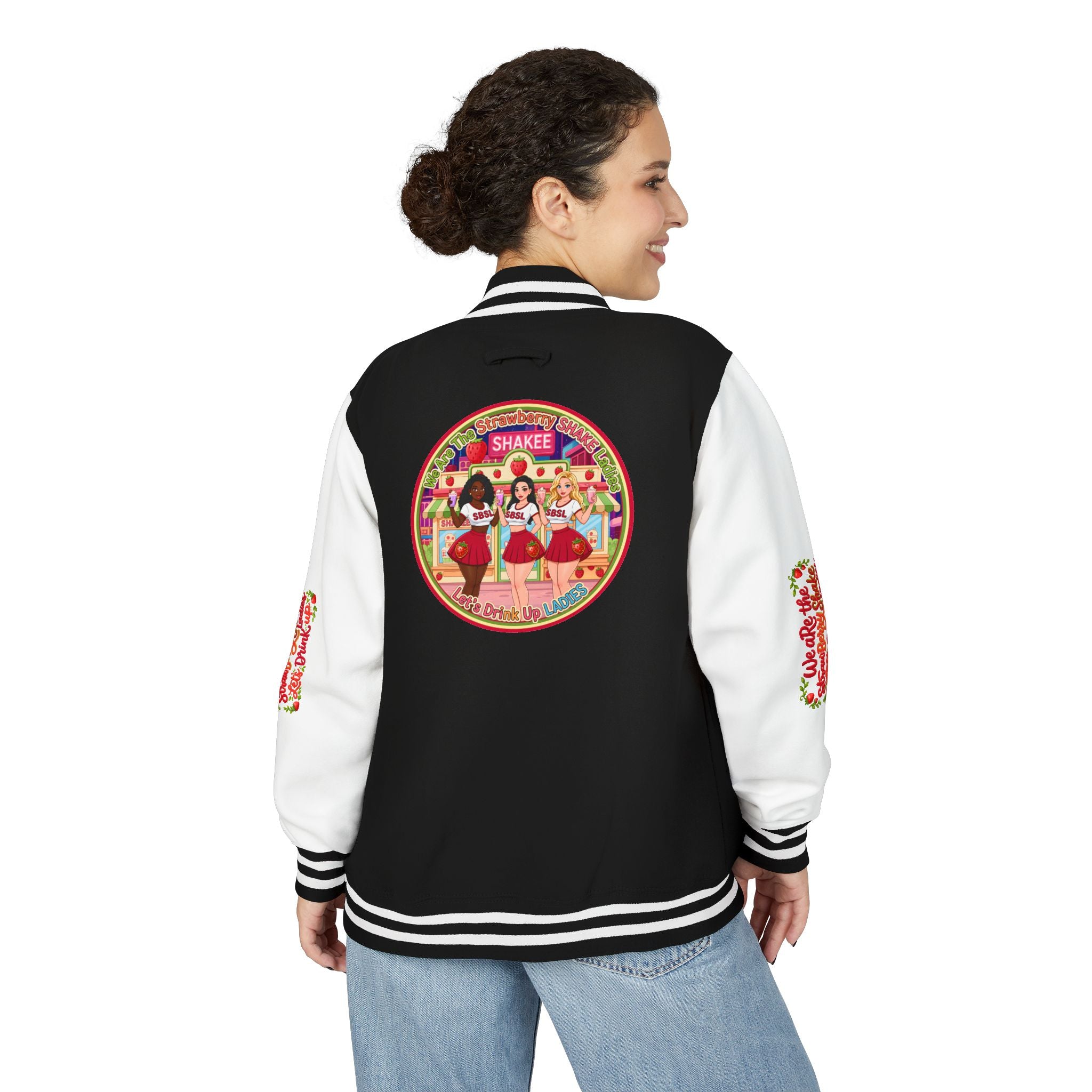Letterman Jacket — " We Are The Strawberry Shake Ladies " Retro 'Shakee' Strawberry Girls Varsity Jacket