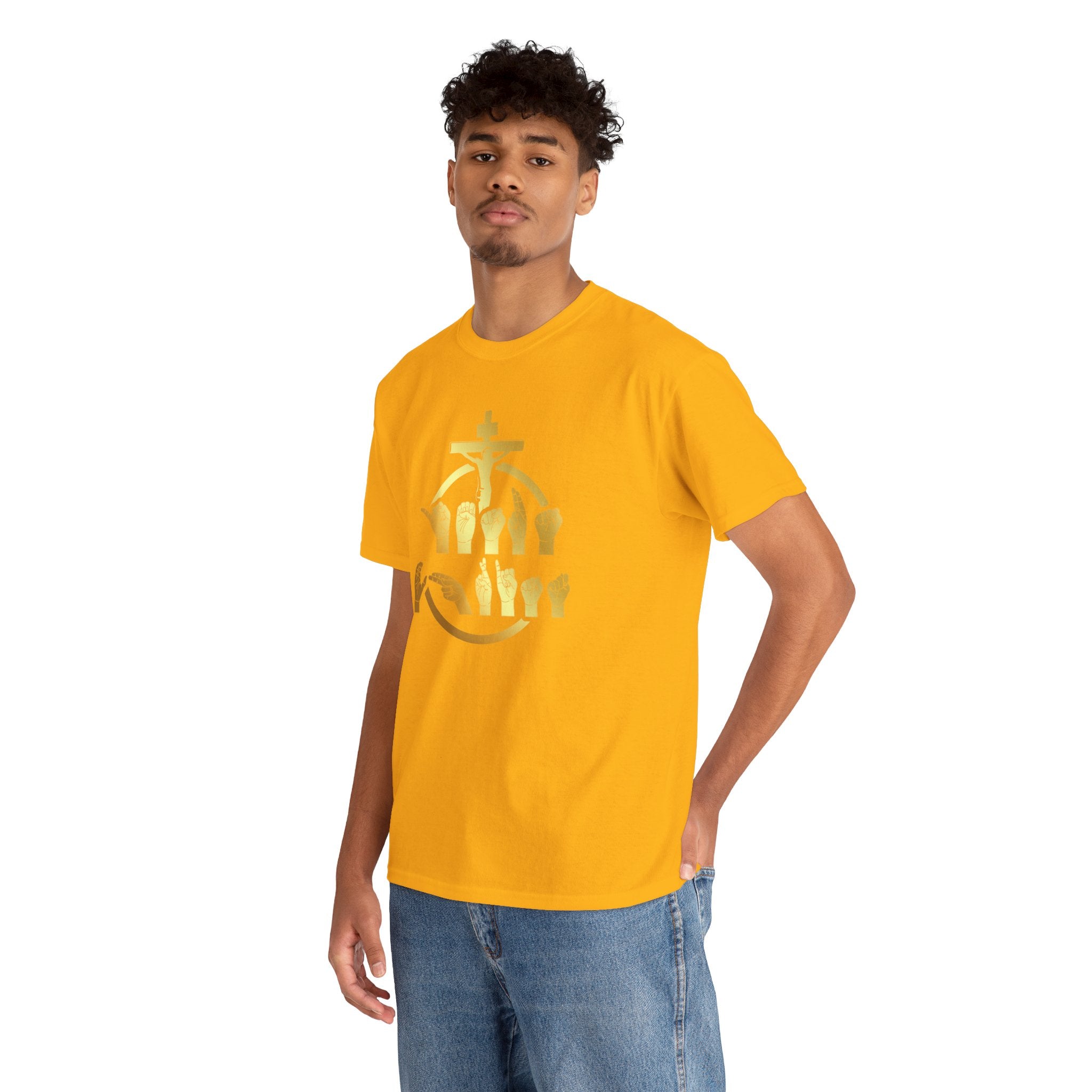 Christian Cross & Praying Hands T-Shirt — Gold Faith Design