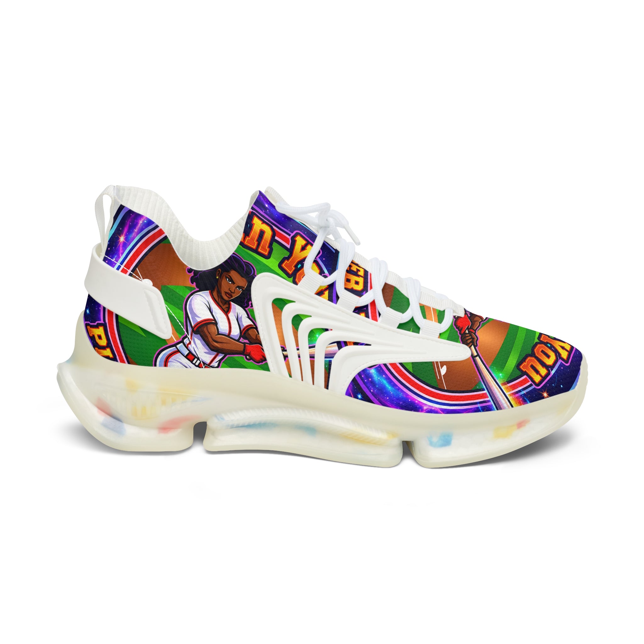 Retro Vibrant "Can You PlayBaseball" Women's Mesh Sneakers — Colorful Graphic Athletic Shoes