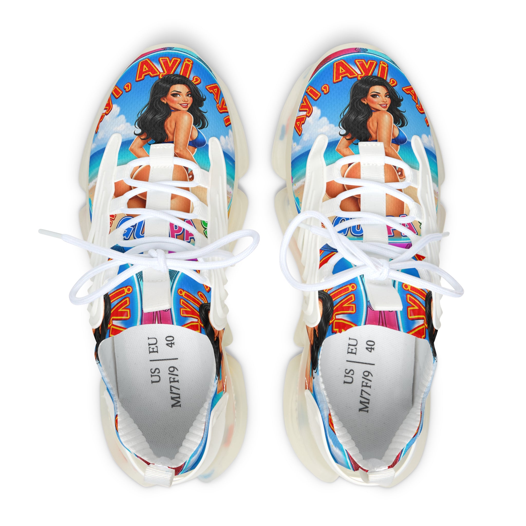 Women's Mesh Sneakers —"Ayi Ayi Ayi Que Guapa Soy "Tropical Pinup Beach Graphic Trainers
