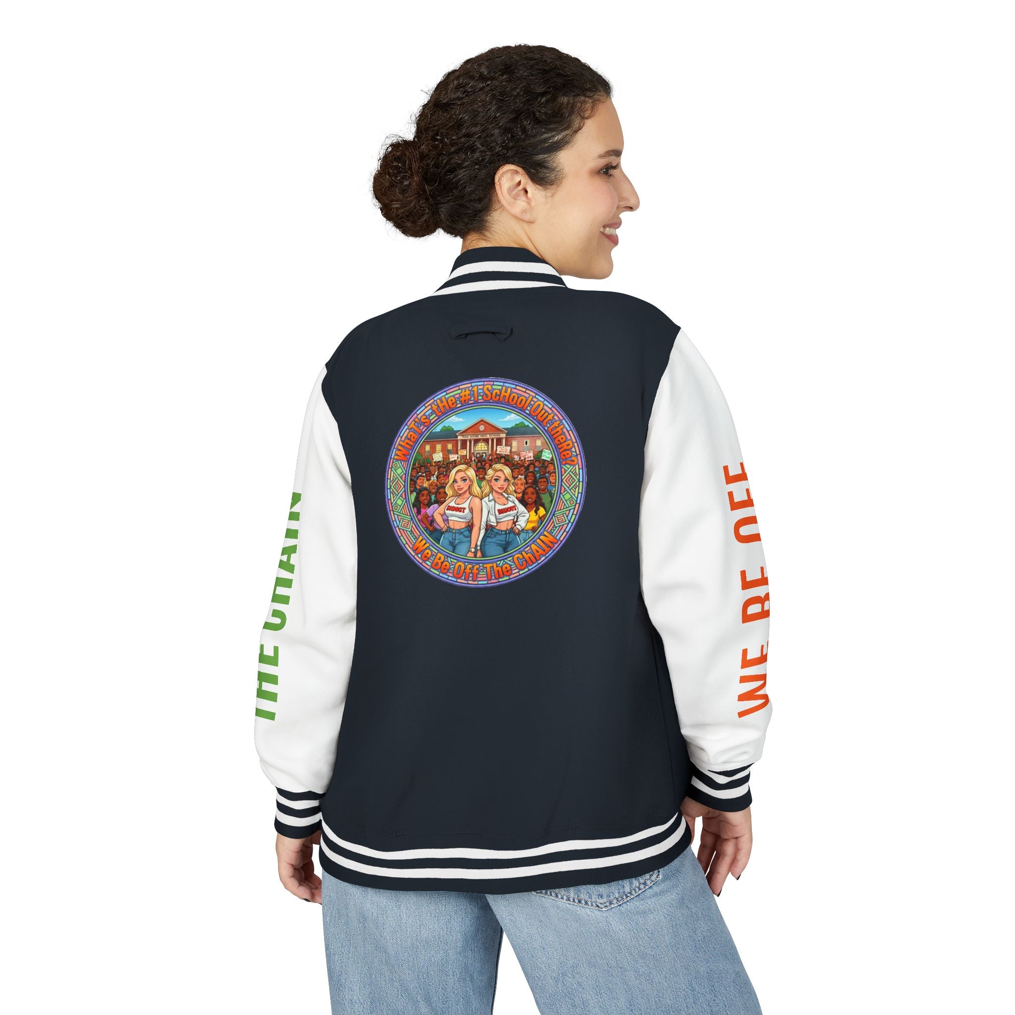 Retro Colorblock Letterman Jacket — 'We Be Off The Chain' Sleeve Print