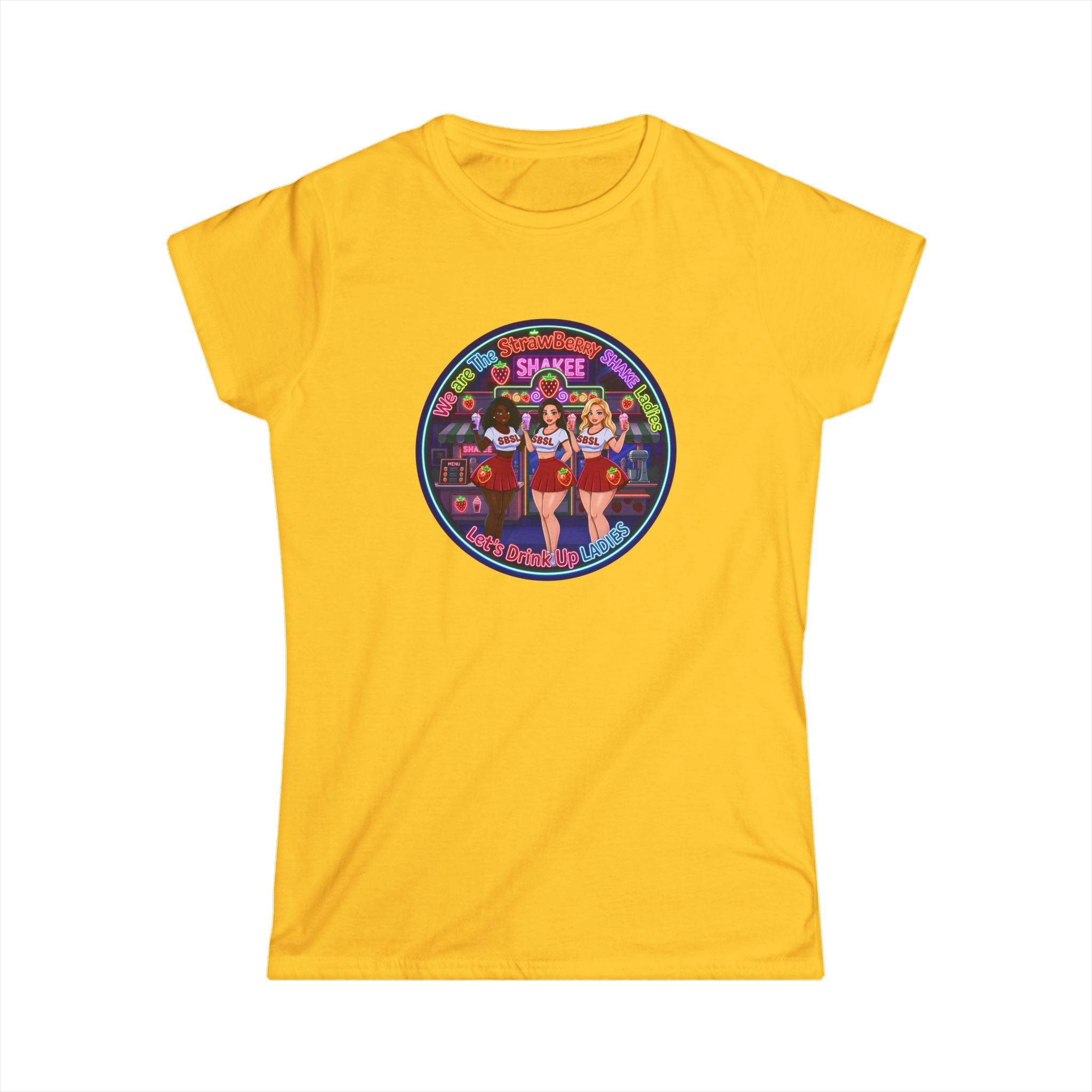 Women's Tee — Retro Pinup 'We Are The Strawberry Shake Ladies"' Band Graphic Tee