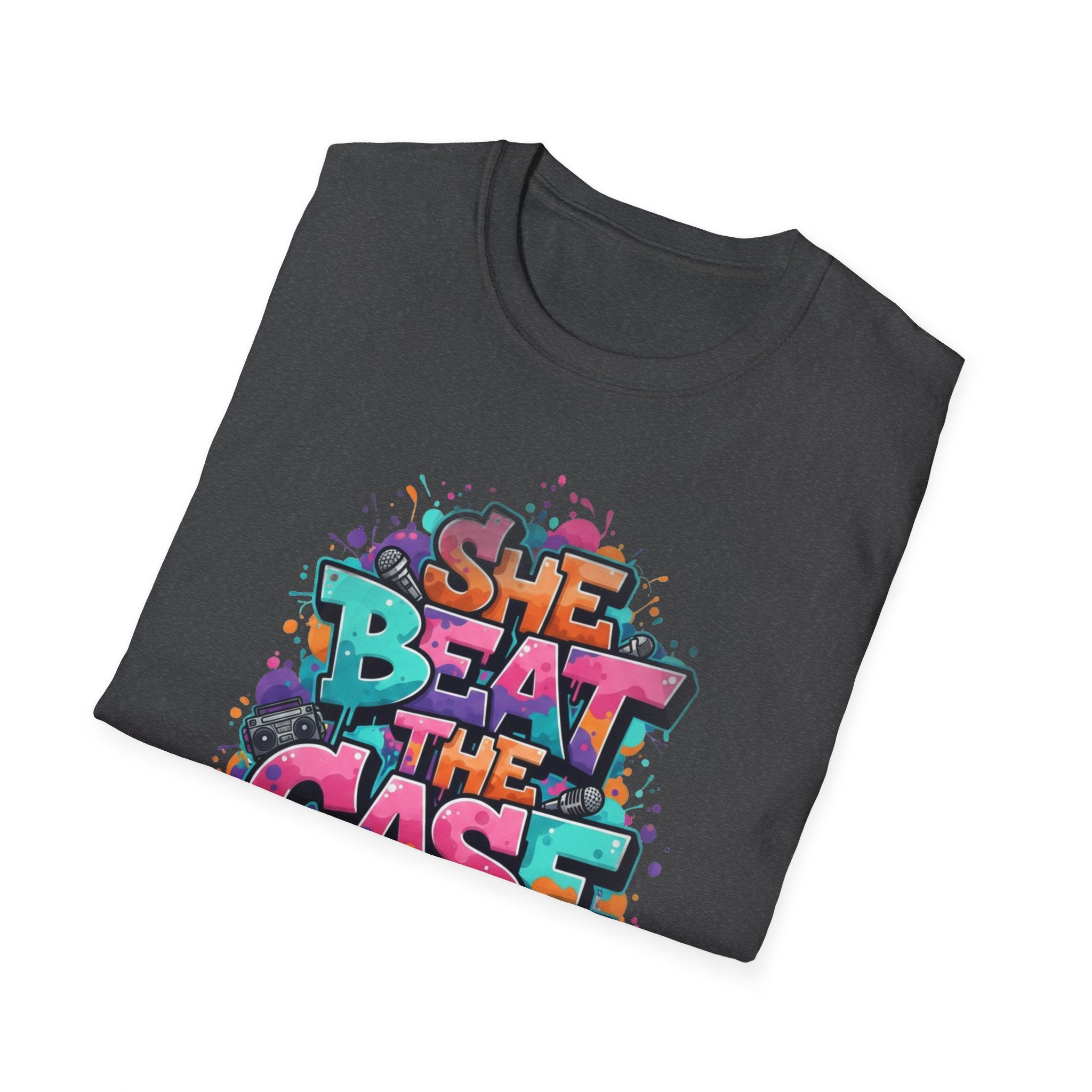 She Beat the Case Graphic T-Shirt — Colorful Graffiti Survivor Tee