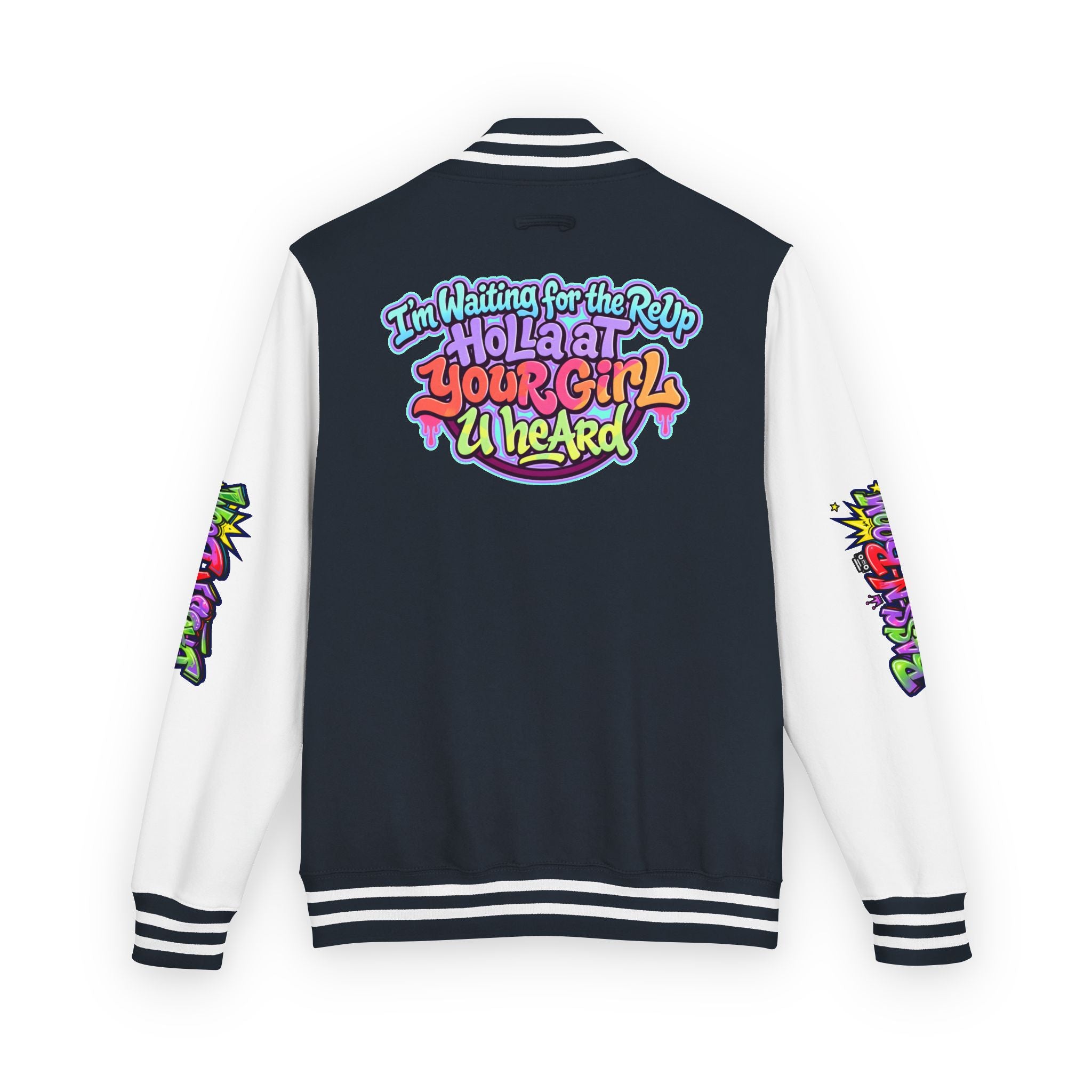 Letterman Jacket — "I'm Waiting For The Reup" Colorful Retro Hip‑Hop Varsity