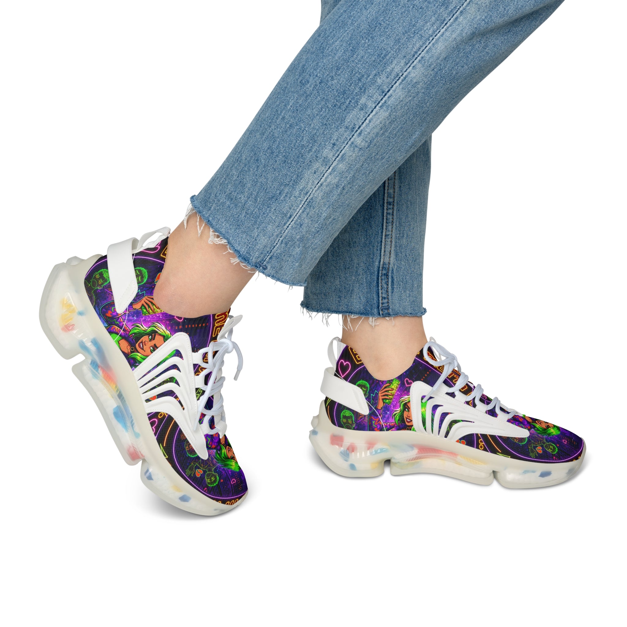 Mesh Sneakers — Neon Green Witch Graphic Athletic Shoes
