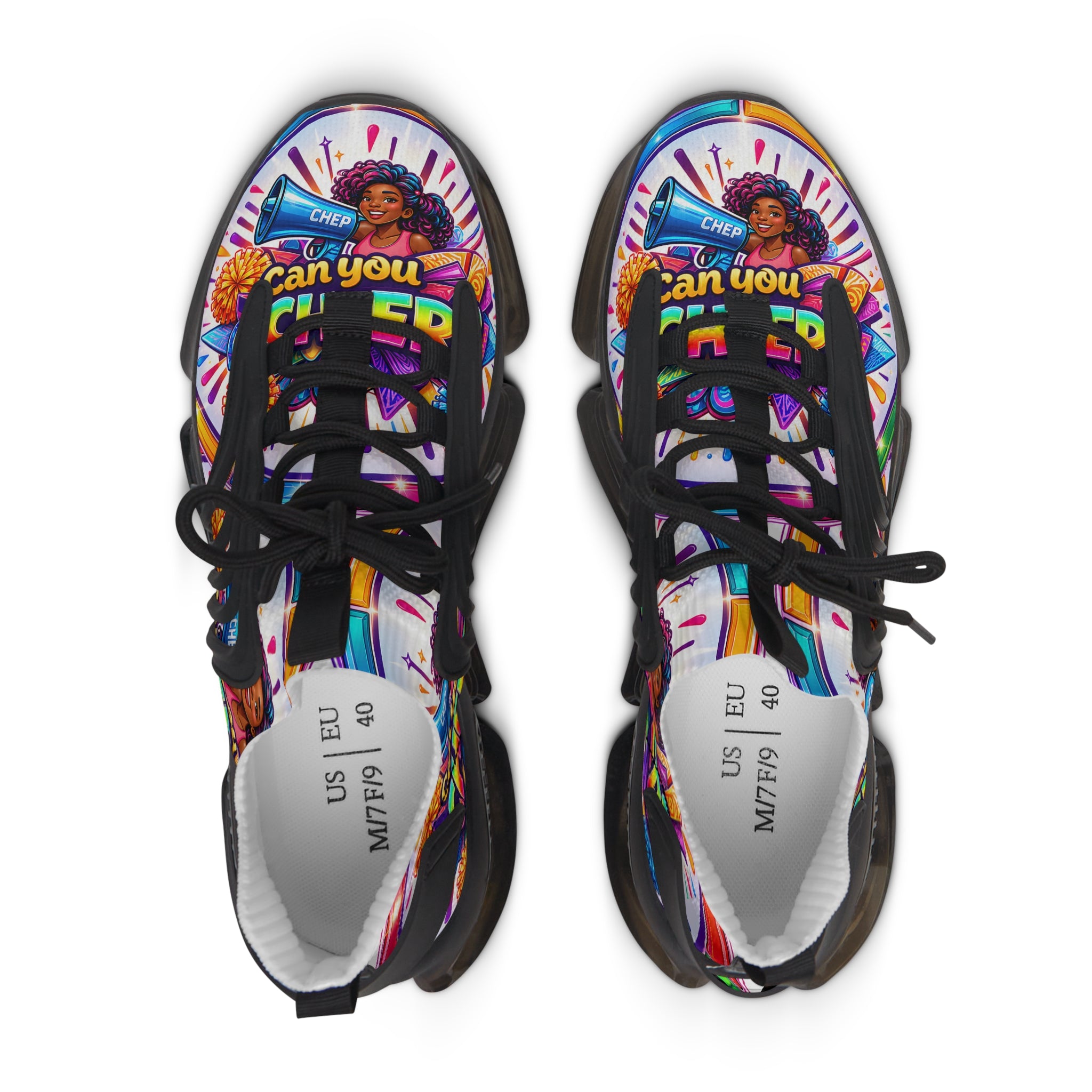 Women's Cheerleader Graphic Mesh Sneakers — "Can You Cheer?" Colorful Athletic Shoes