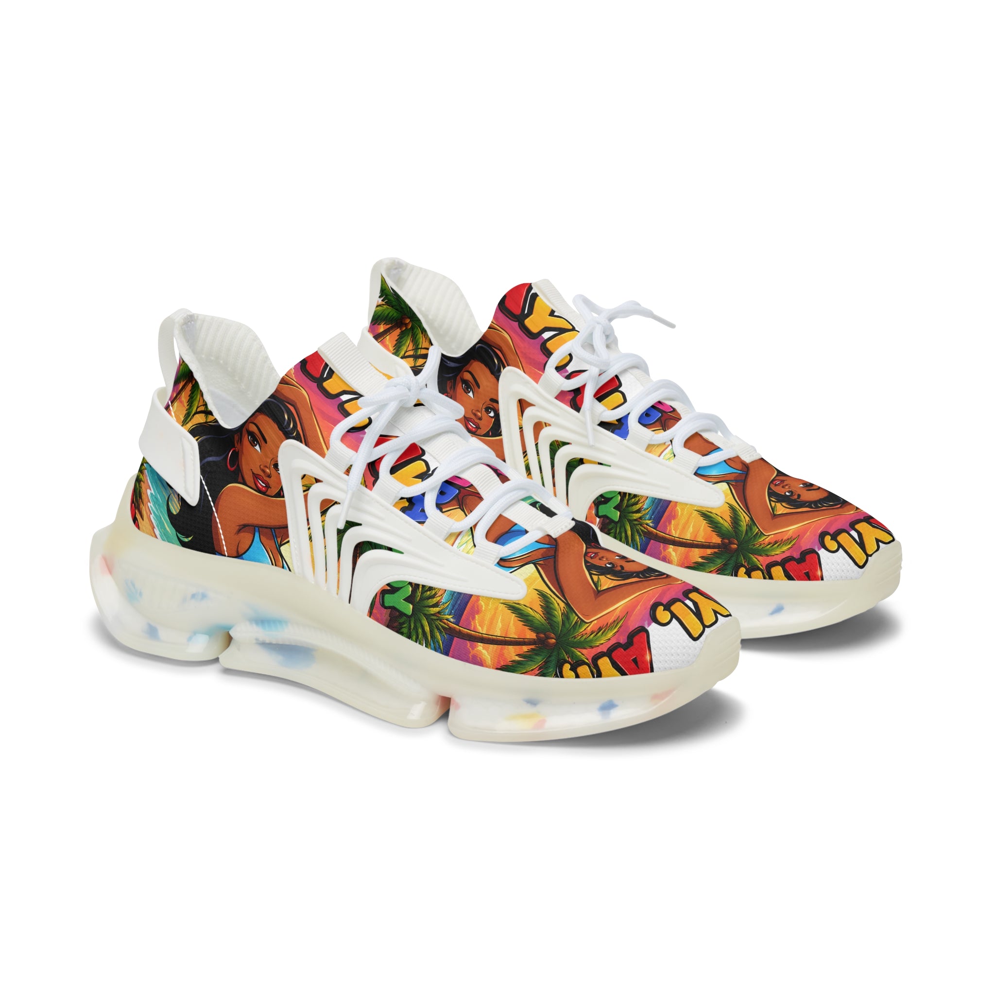 Tropical Vibe Women's Mesh Sneakers — "Ayi  Ayi Ayi Que Guapa Soy "Colorful Hawaiian Pin-Up Design