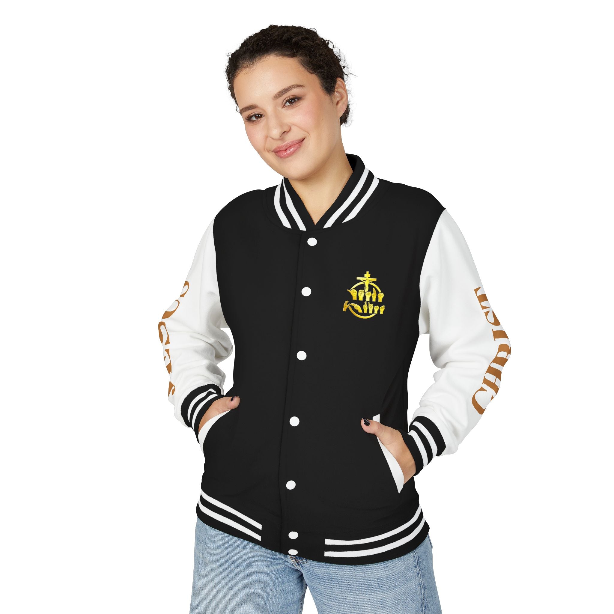"Sign language Jesus Christ "     Christian Crown Letterman Jacket - 'Jesus Christ' Sleeve Varsity Jacket