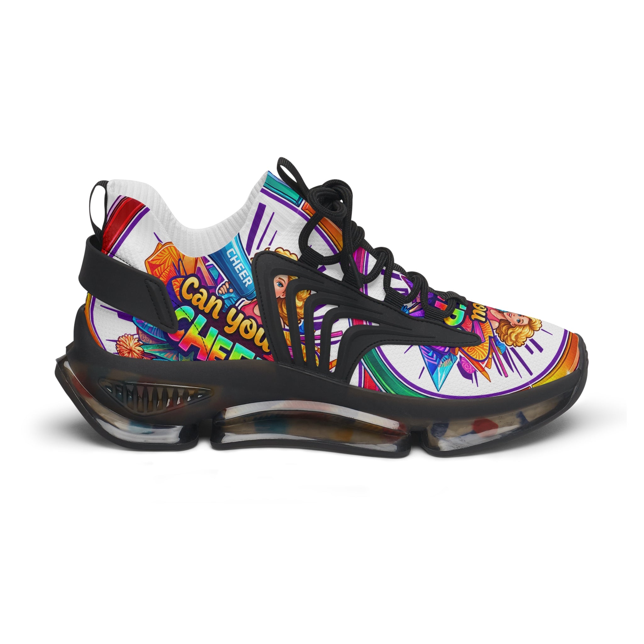 Colorful Cheerleader Mesh Sneakers — "Can You Cheer?" Graphic Women's Athletic Shoes