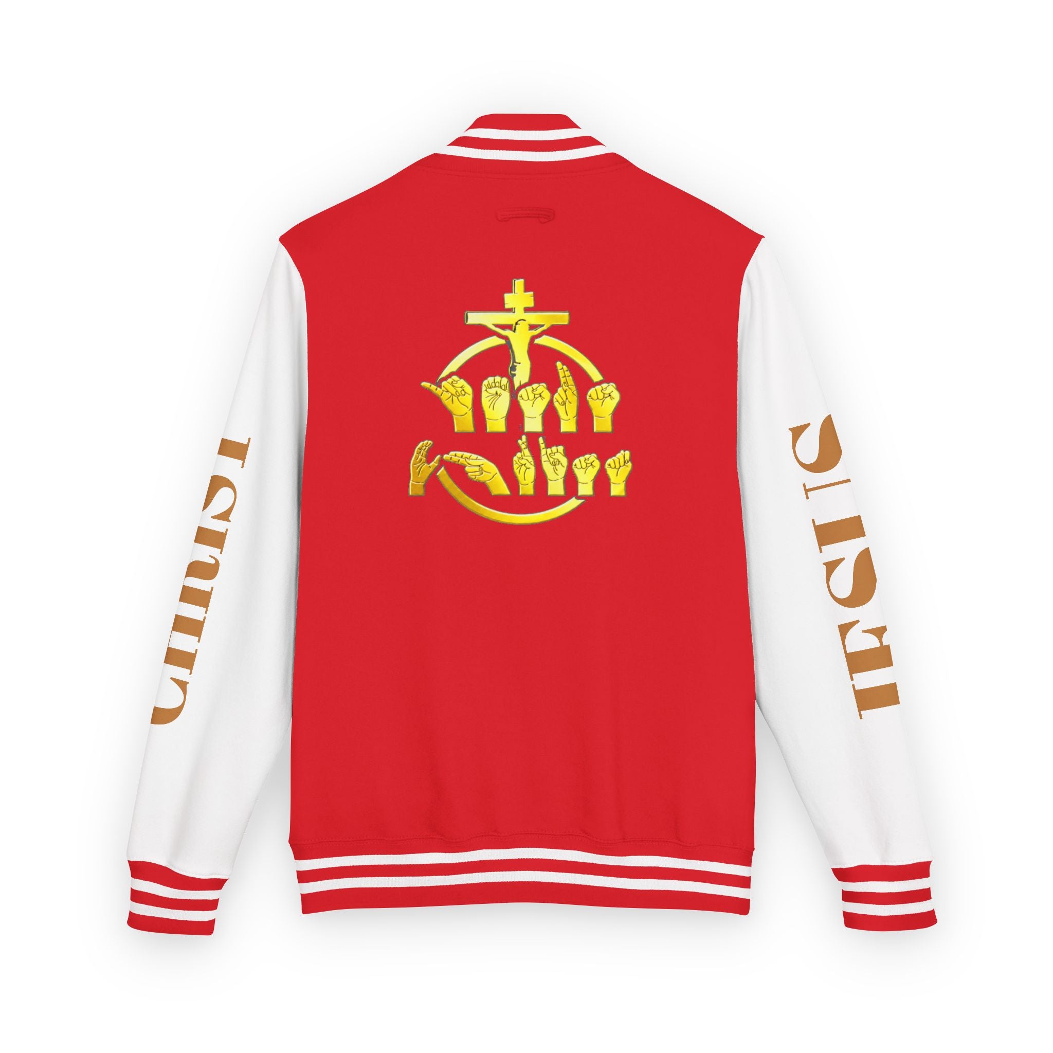 "Sign language Jesus Christ "     Christian Crown Letterman Jacket - 'Jesus Christ' Sleeve Varsity Jacket