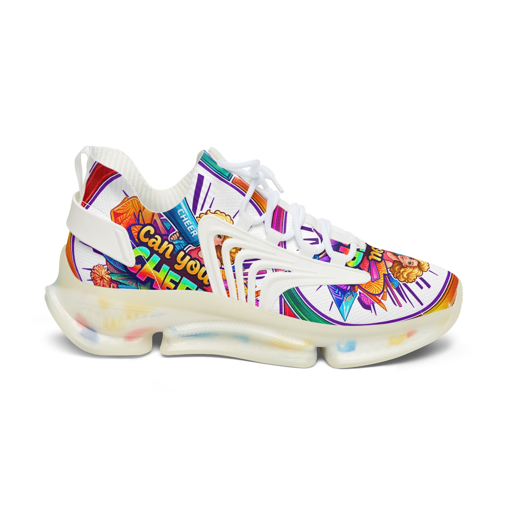 Colorful Cheerleader Mesh Sneakers — "Can You Cheer?" Graphic Women's Athletic Shoes