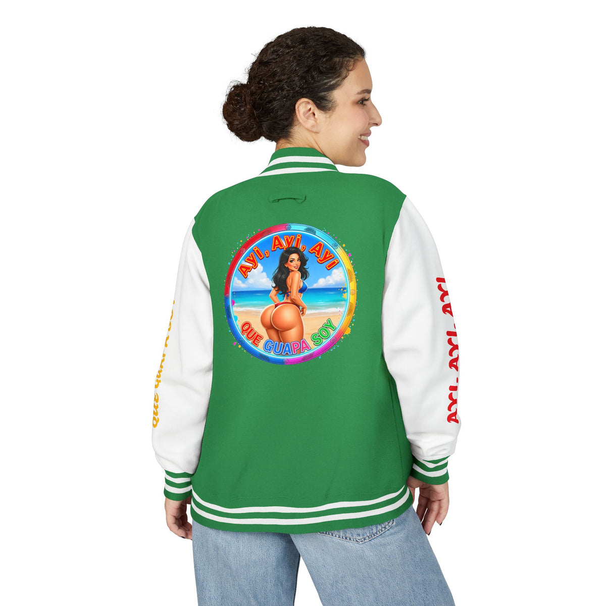 Letterman Jacket – Retro Beach Pinup Varsity Jacket with 'Ayi Ayi Ayi' Graphic
