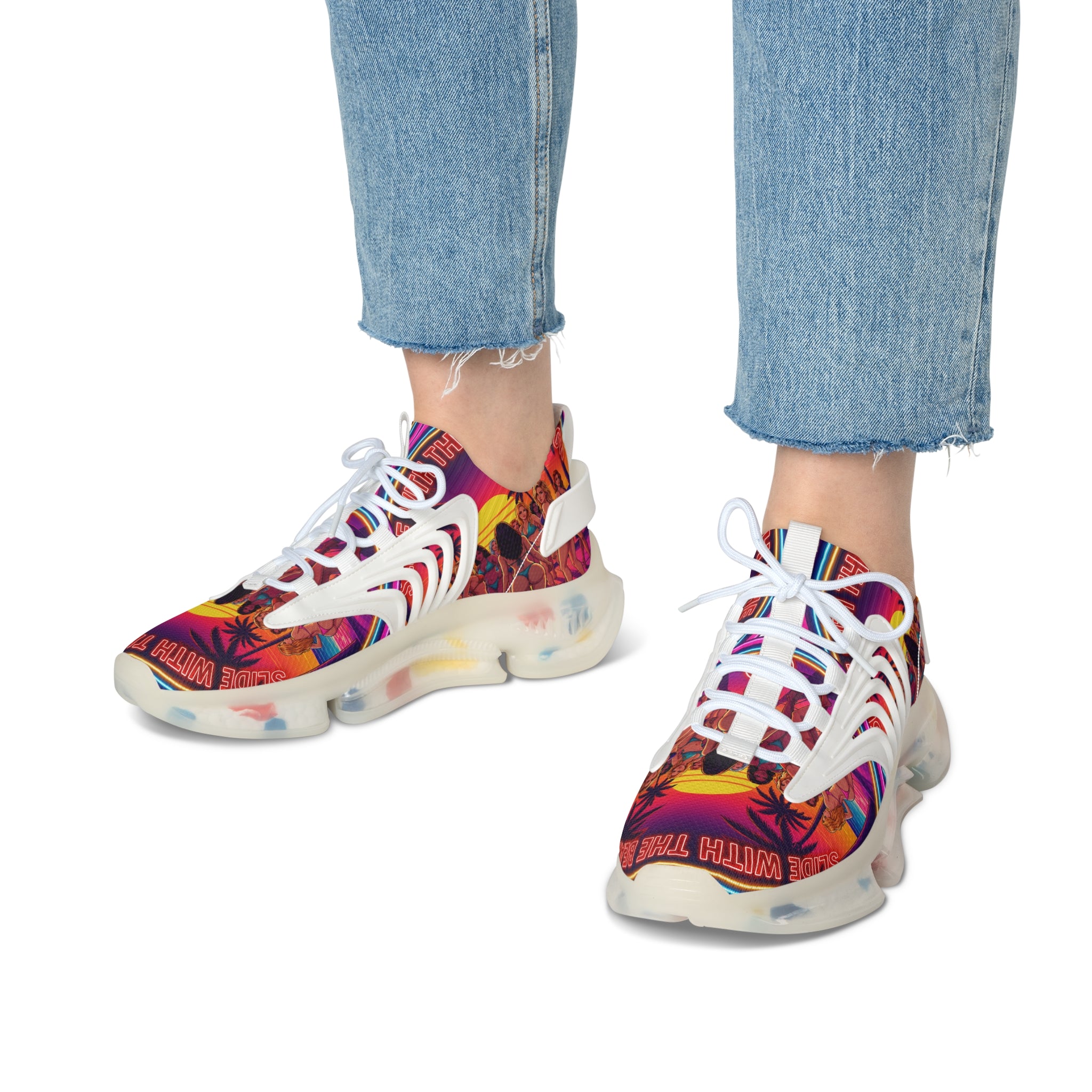 Women's Mesh Sneakers —"Slide With The Beat Now "Vibrant Retro Sunset Graphic Trainers