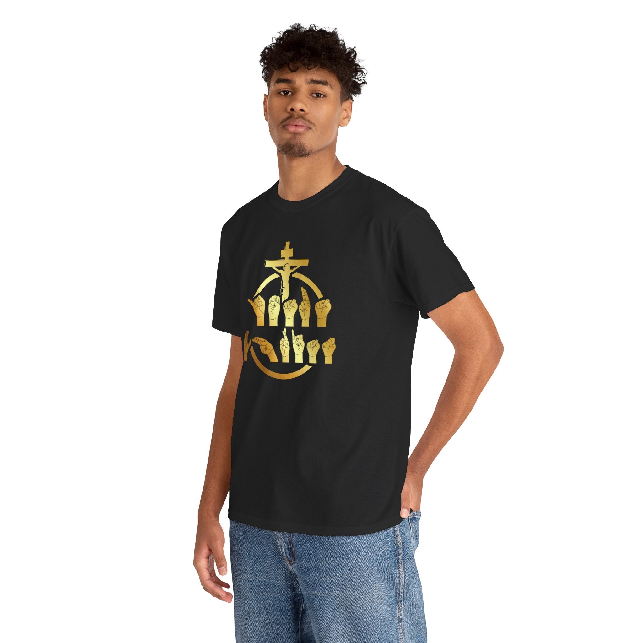Christian Cross & Praying Hands T-Shirt — Gold Faith Design