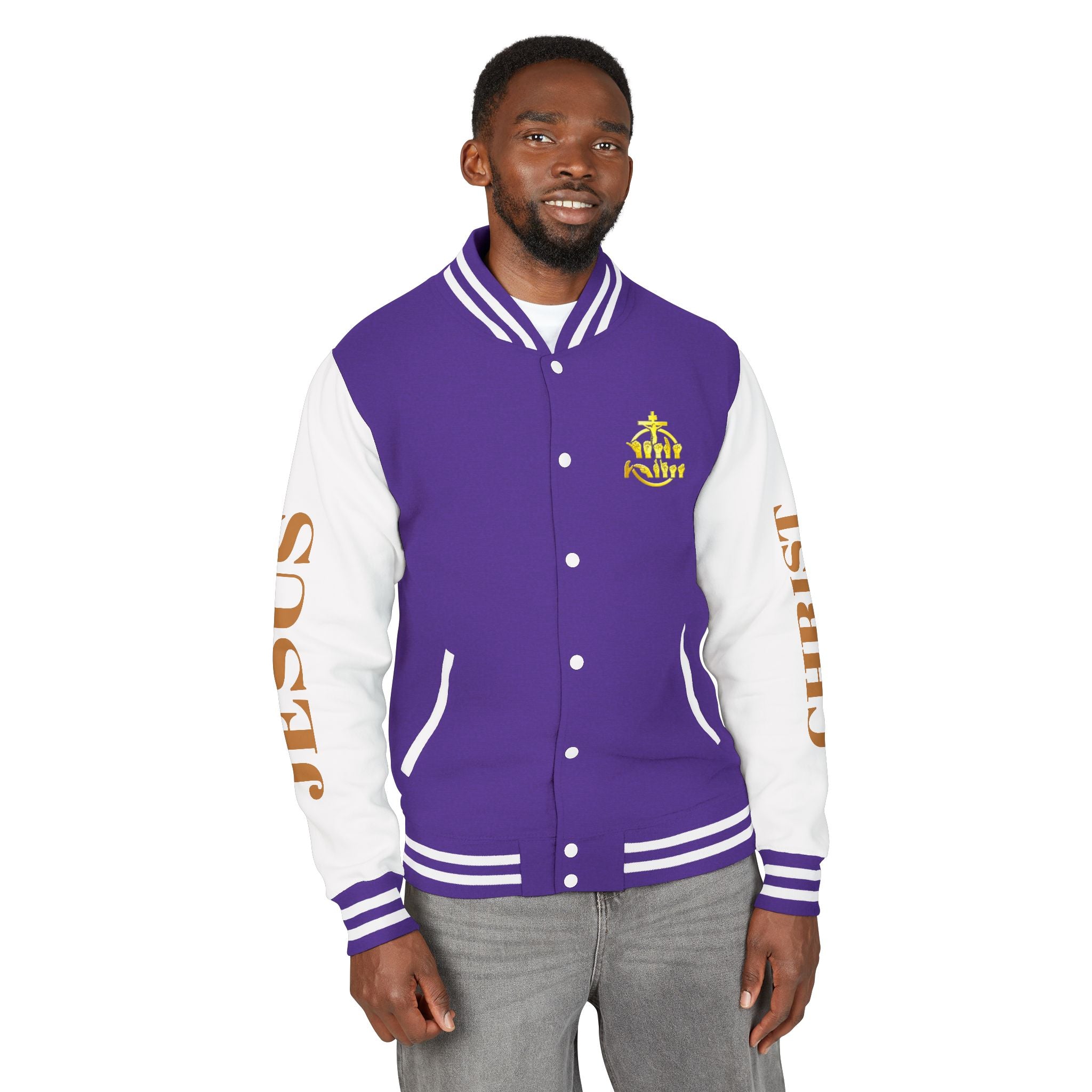 "Sign language Jesus Christ "     Christian Crown Letterman Jacket - 'Jesus Christ' Sleeve Varsity Jacket