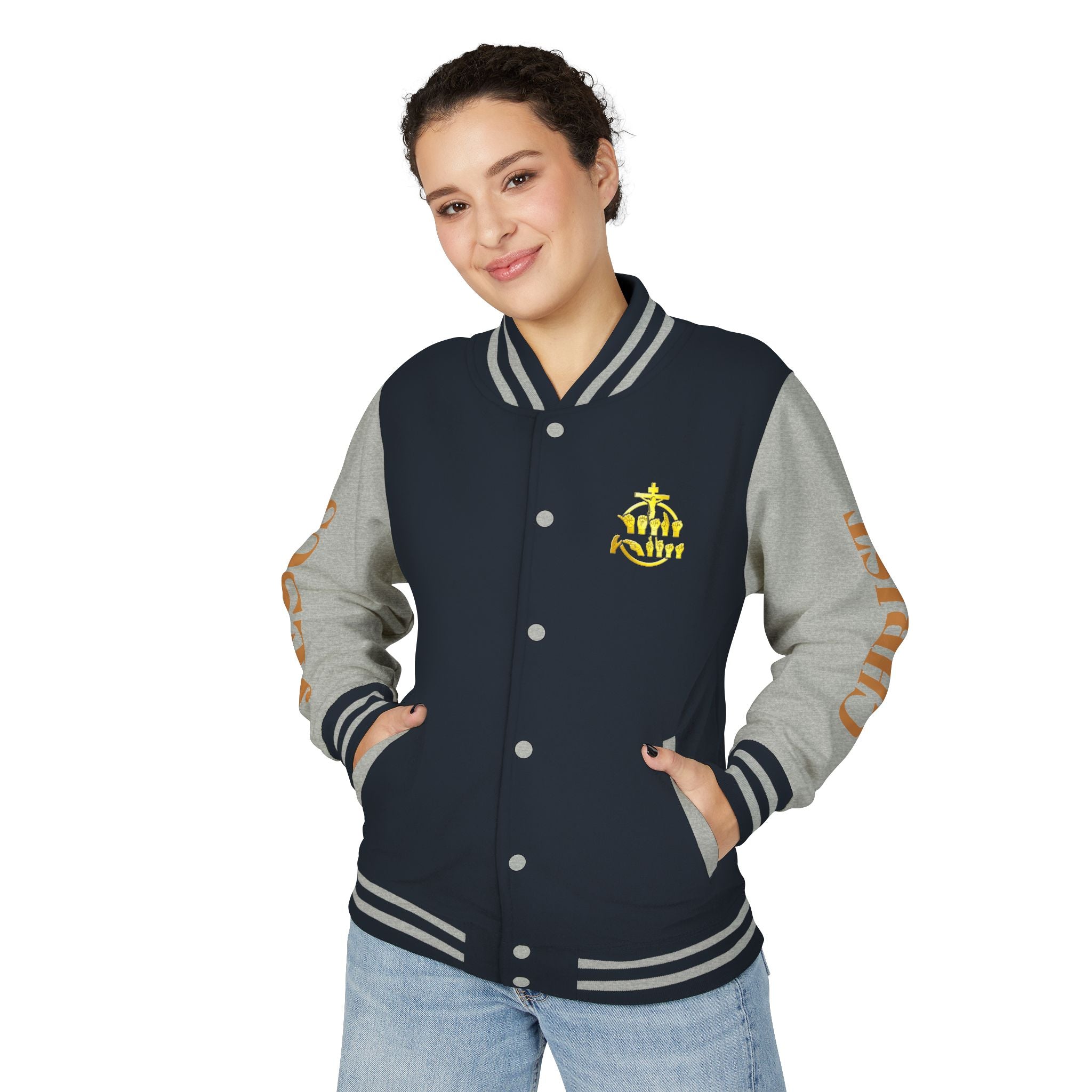 "Sign language Jesus Christ "     Christian Crown Letterman Jacket - 'Jesus Christ' Sleeve Varsity Jacket