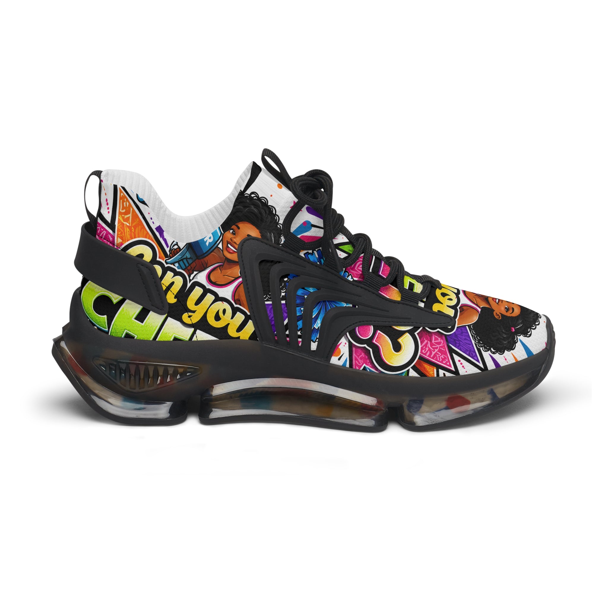 Women's Mesh Sneakers — Colorful Pop Art 'Can You Cheer?' Graphic Athletic Shoes