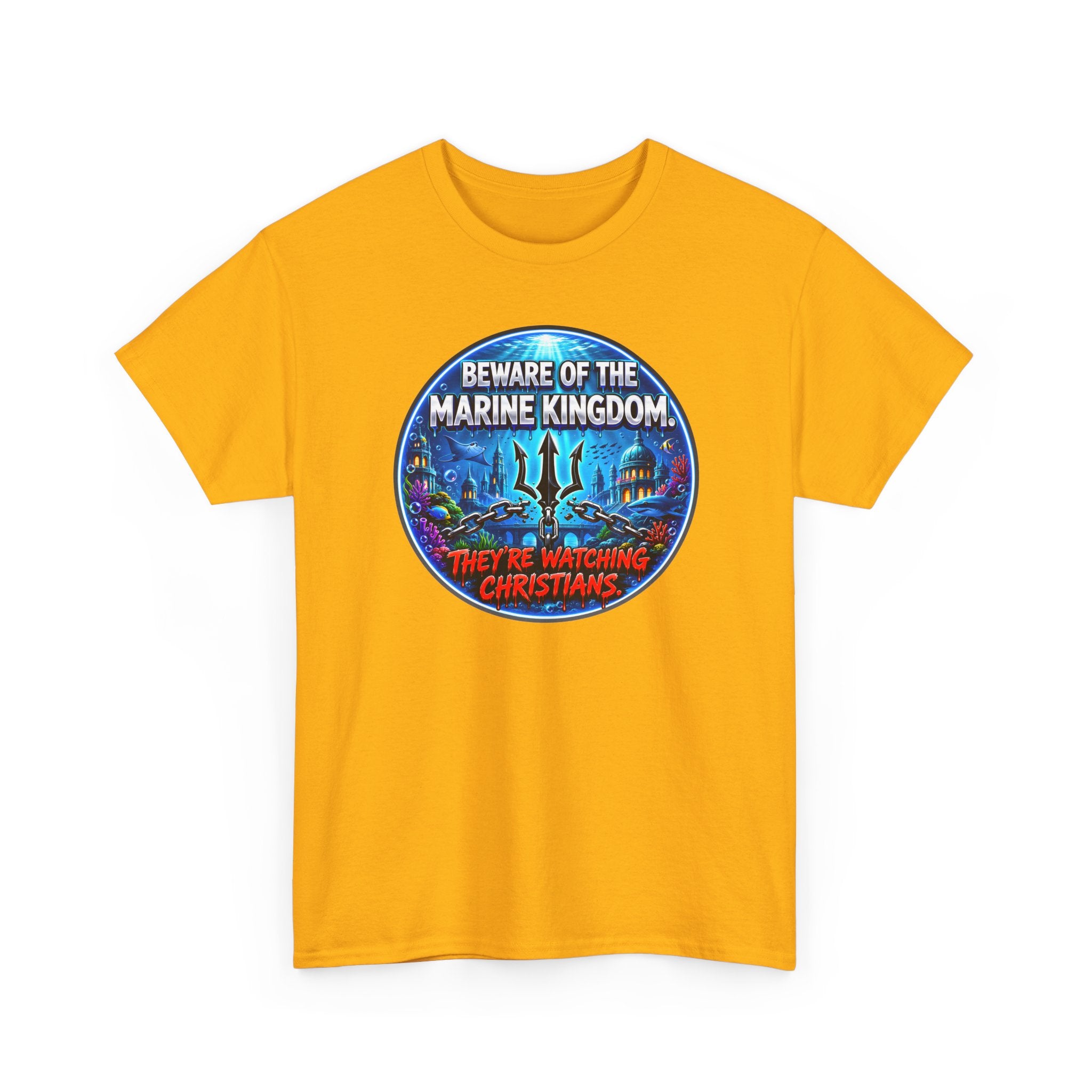 T‑Shirt — "Beware of the Marine Kingdom: They're Watching Christians" Vintage Ocean Graphic