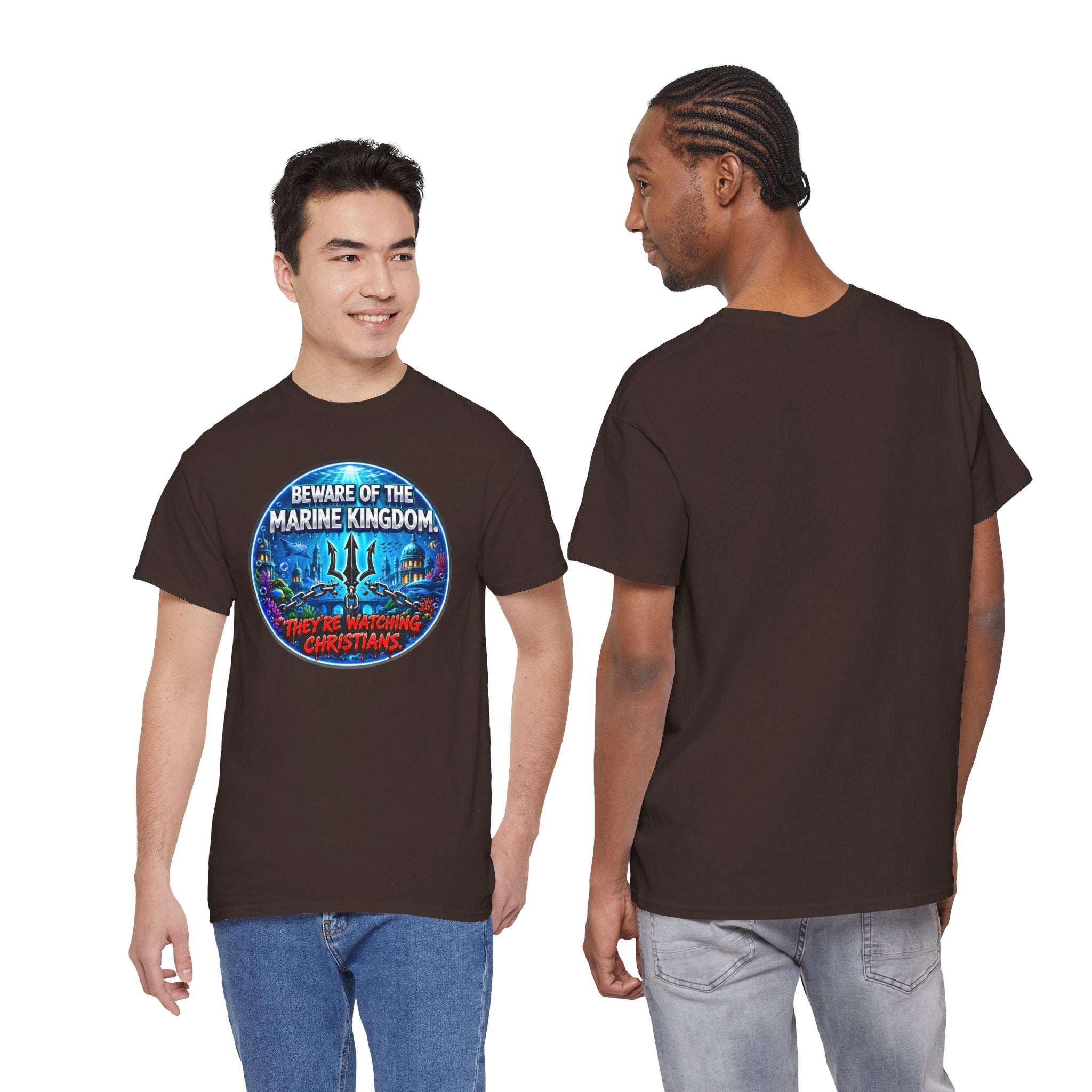 T‑Shirt — "Beware of the Marine Kingdom: They're Watching Christians" Vintage Ocean Graphic