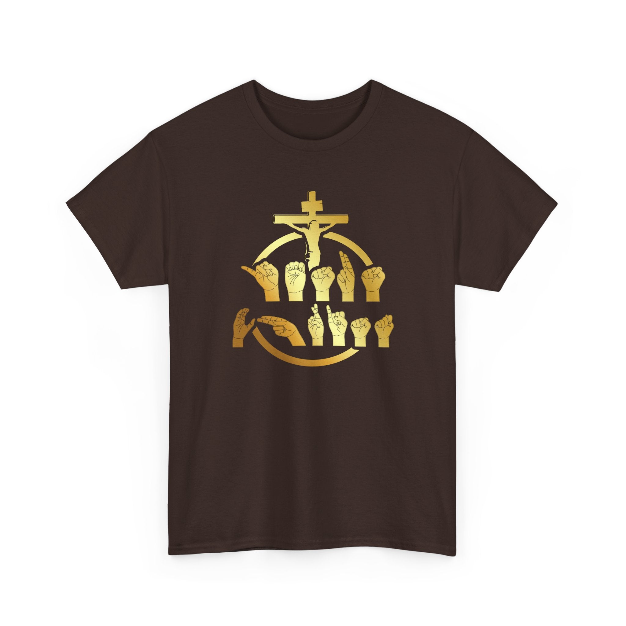 Christian Cross & Praying Hands T-Shirt — Gold Faith Design