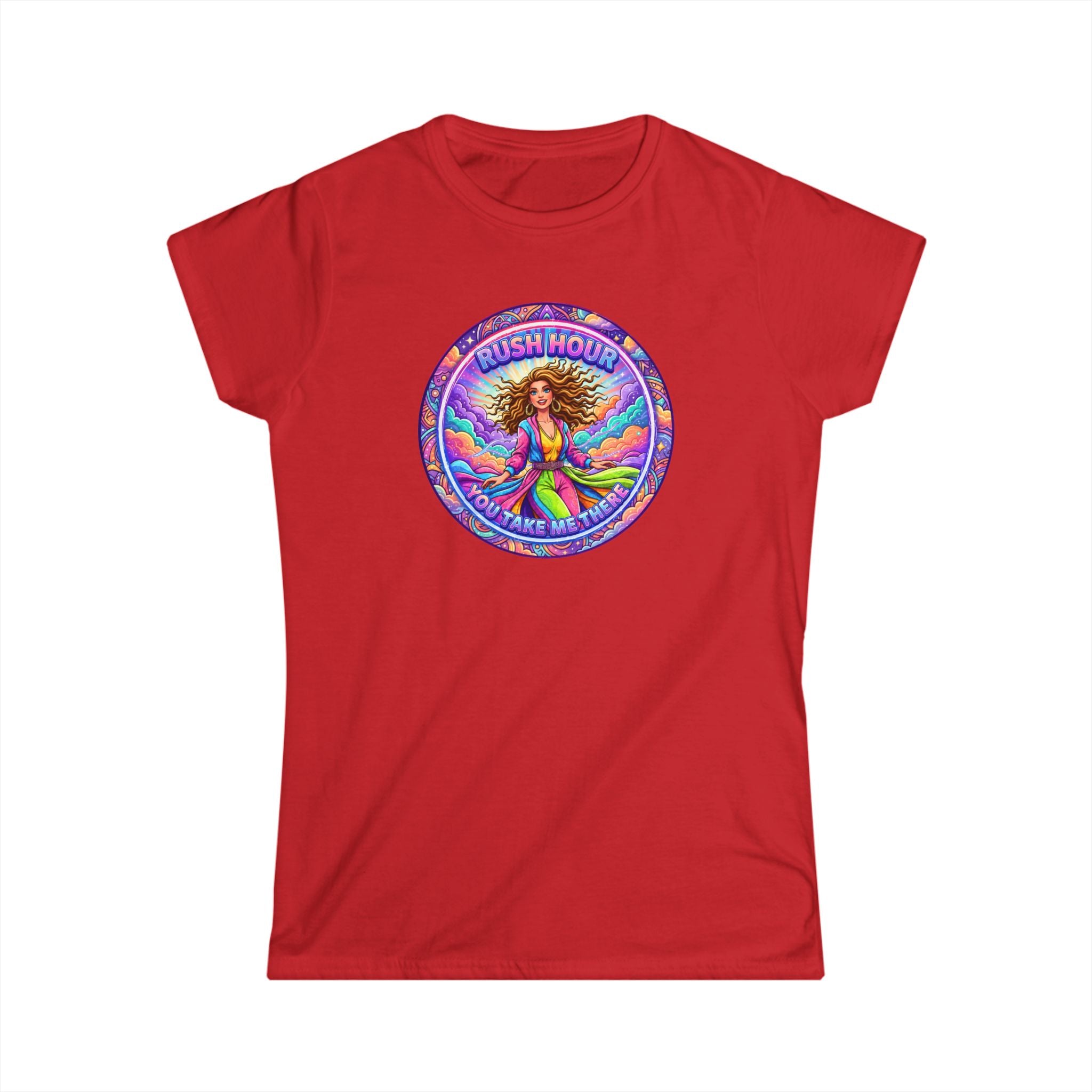 Women's Tee — “Rush Hour” Colorful Retro Hippie Graphic