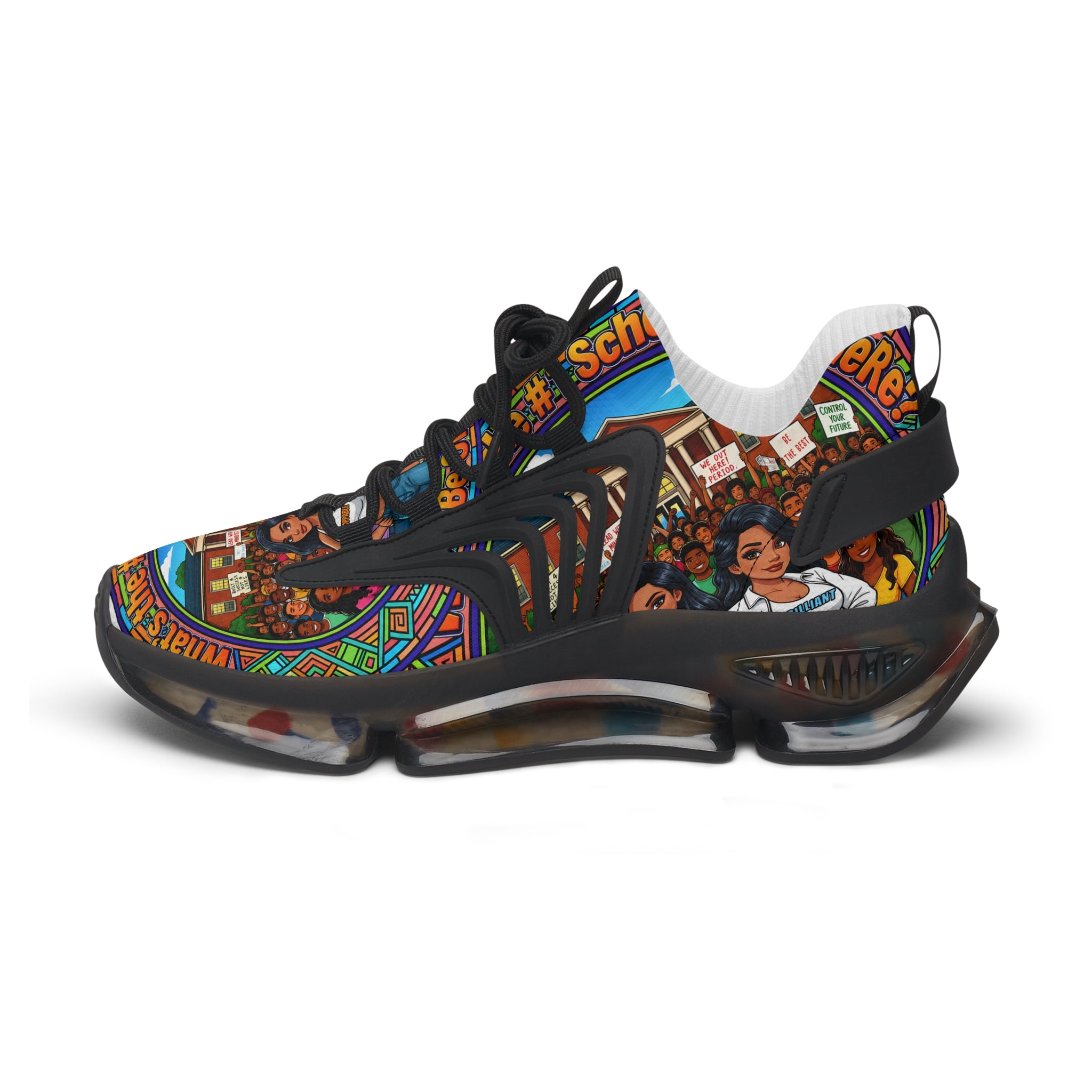 Mesh Sneakers — " What's The #1 School Out There " Colorful Retro School Girl Graphic Athletic Shoes