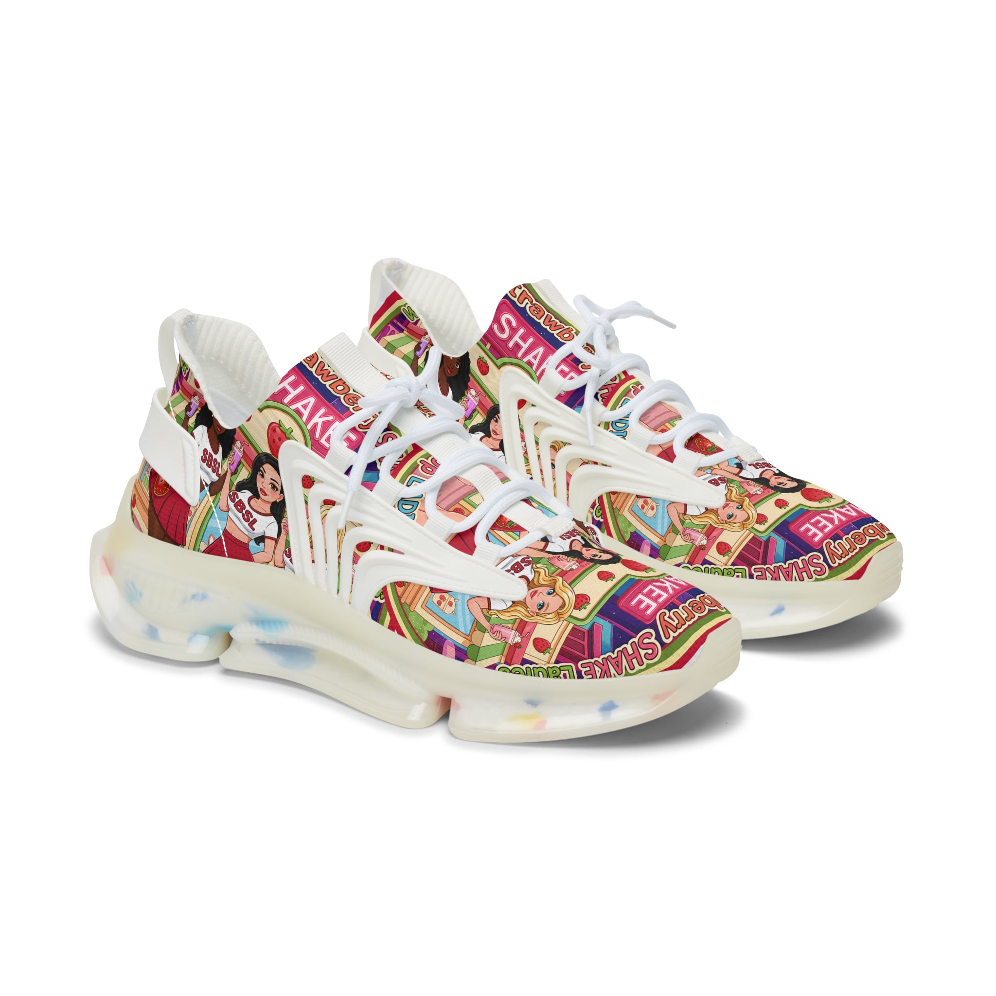 Women's Mesh Sneakers  "Strawberry Shake "— Colorful Retro Doll Print Athletic Shoes