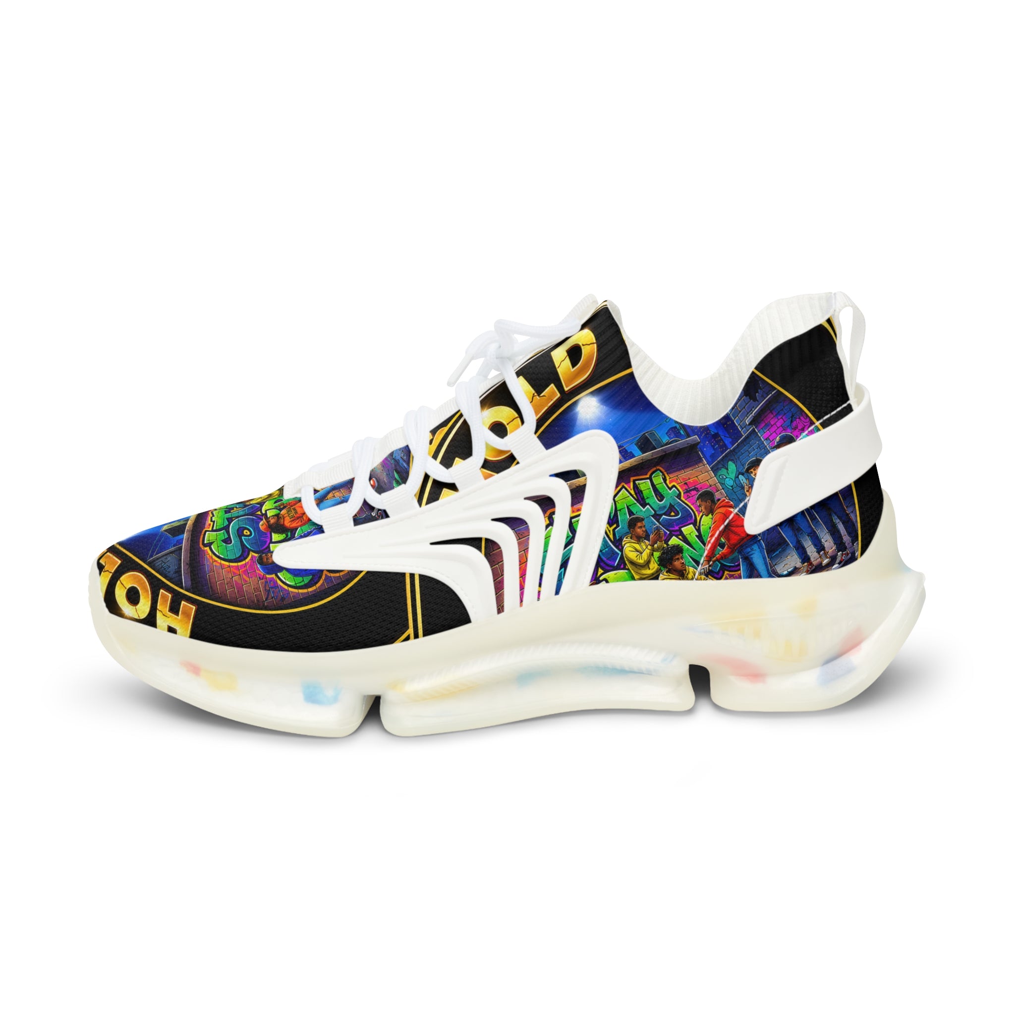 Men's Mesh Sneakers — "Hold On Be Strong" Retro Arcade Graffiti Print Athletic Shoes