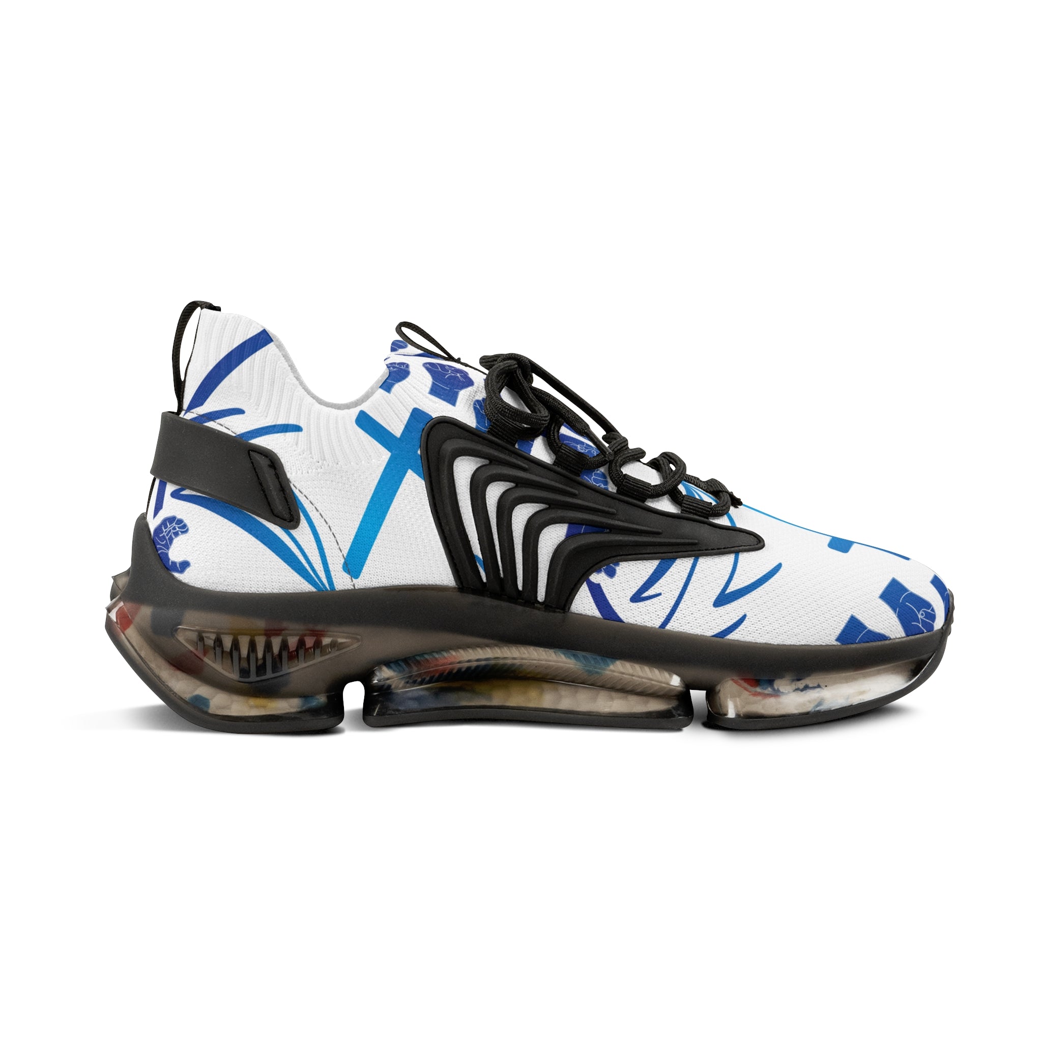 Men's White Athletic Sneakers with Blue Cross Graphic —"Sign Language Jesus Christ "Lightweight Mesh Running Shoes