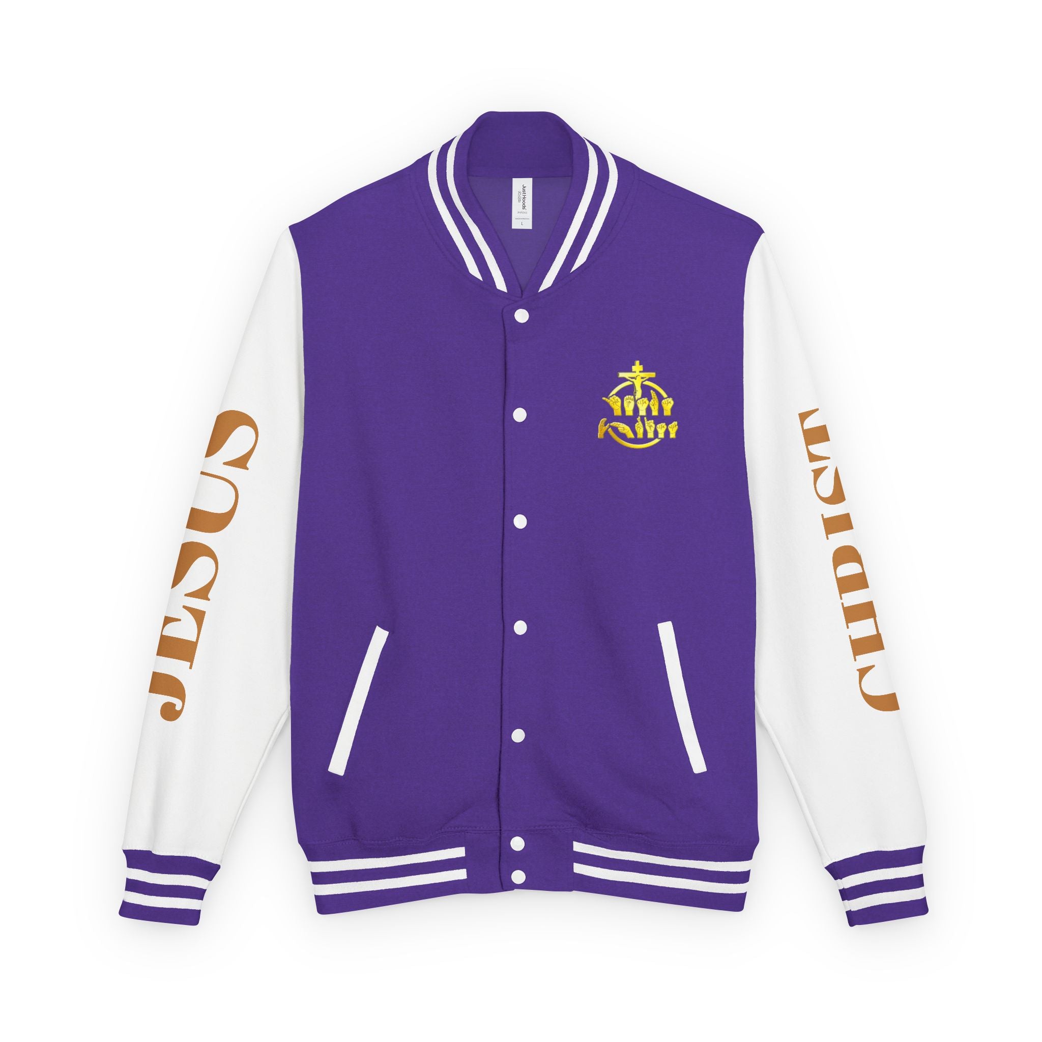 "Sign language Jesus Christ "     Christian Crown Letterman Jacket - 'Jesus Christ' Sleeve Varsity Jacket