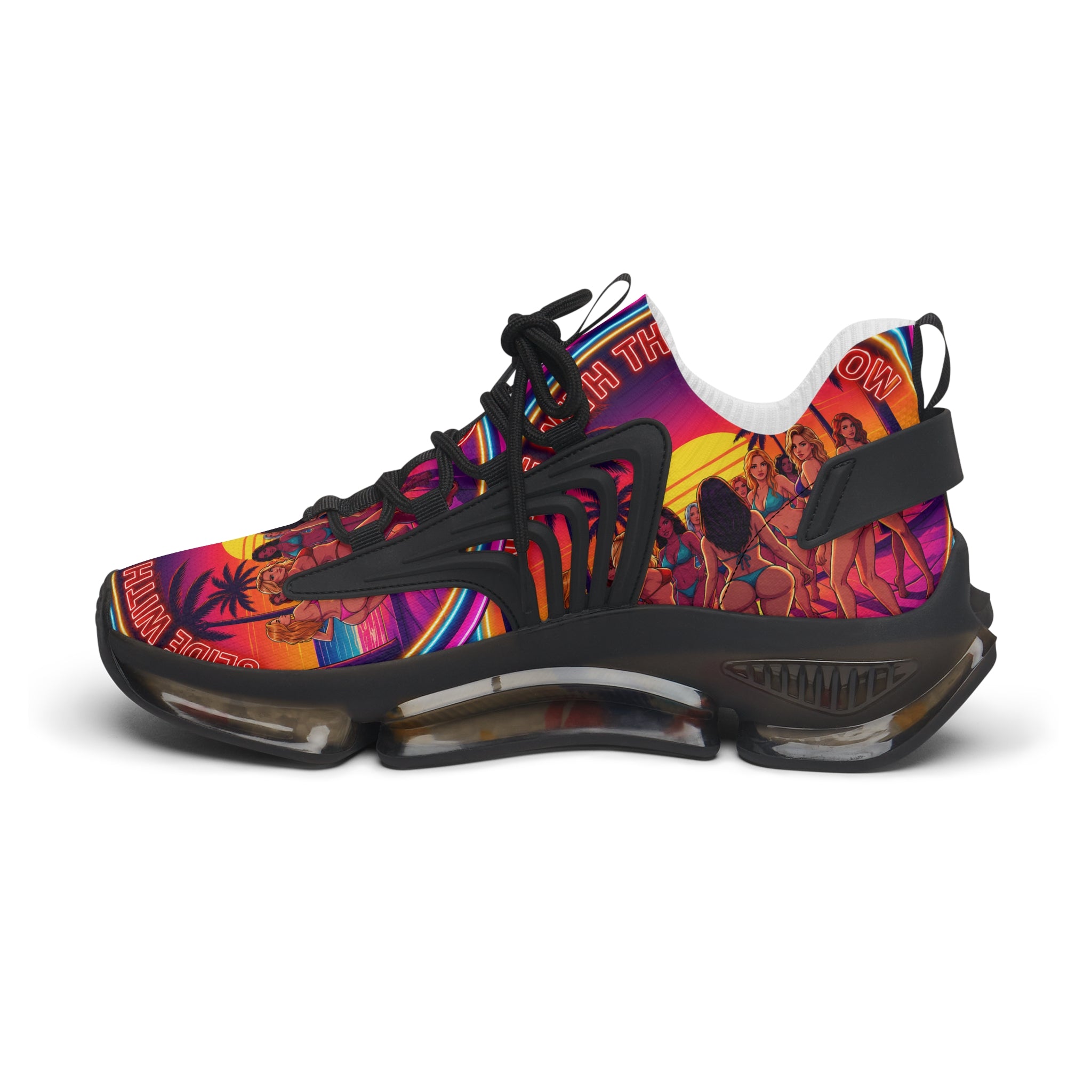 Women's Mesh Sneakers —"Slide With The Beat Now "Vibrant Retro Sunset Graphic Trainers