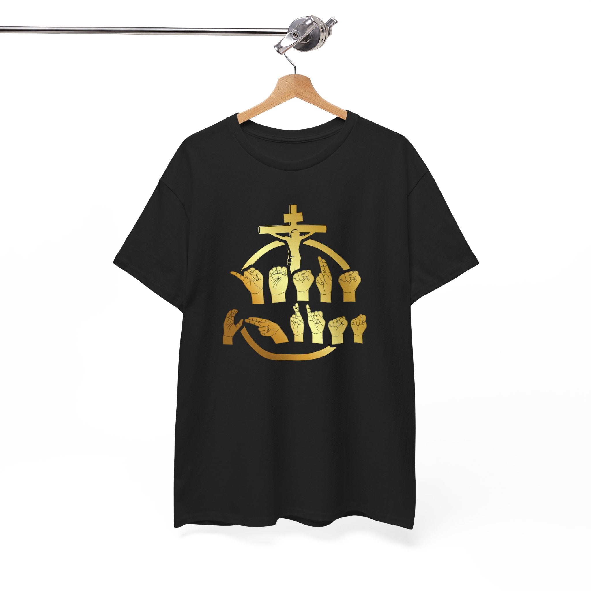 Christian Cross & Praying Hands T-Shirt — Gold Faith Design