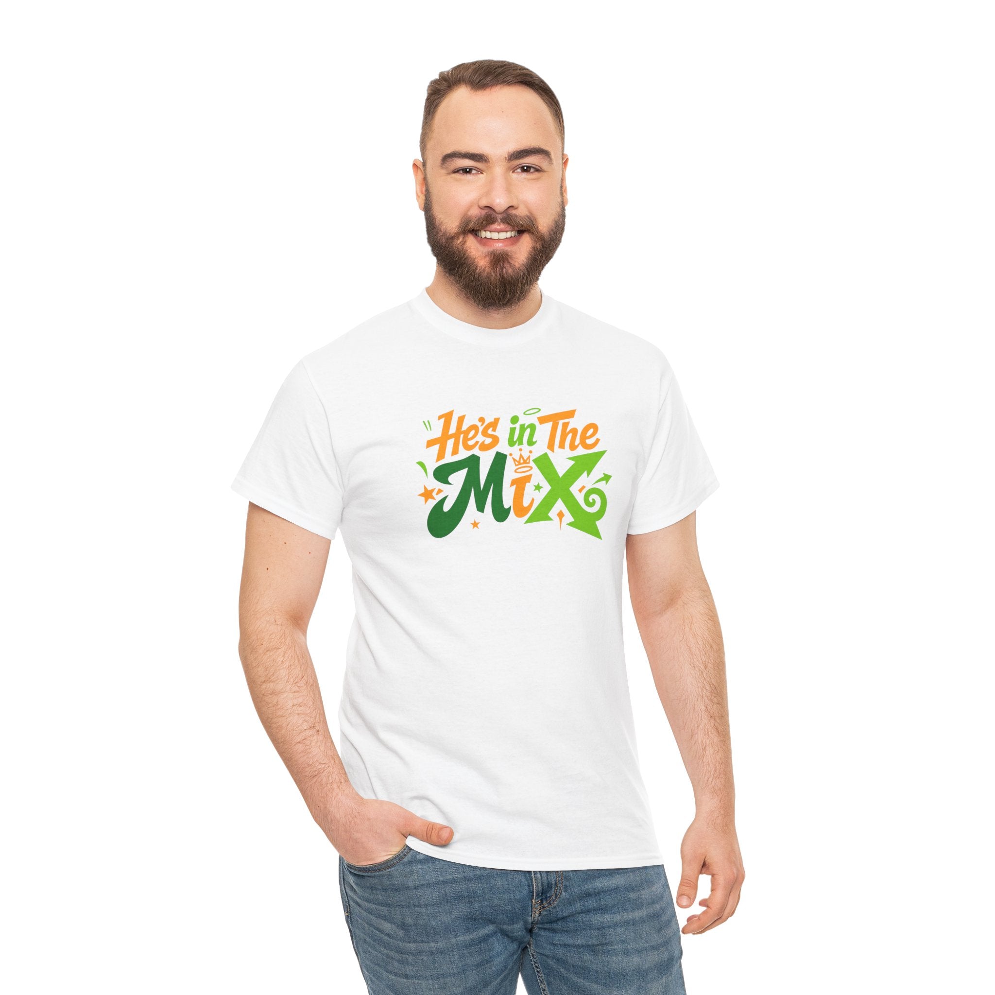 "He's in the Mix" T-Shirt — Retro Green & Orange DJ/Music Tee