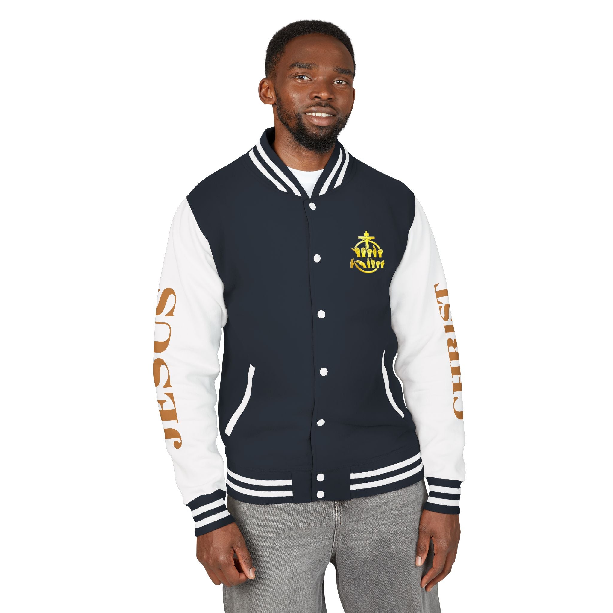 "Sign language Jesus Christ "     Christian Crown Letterman Jacket - 'Jesus Christ' Sleeve Varsity Jacket