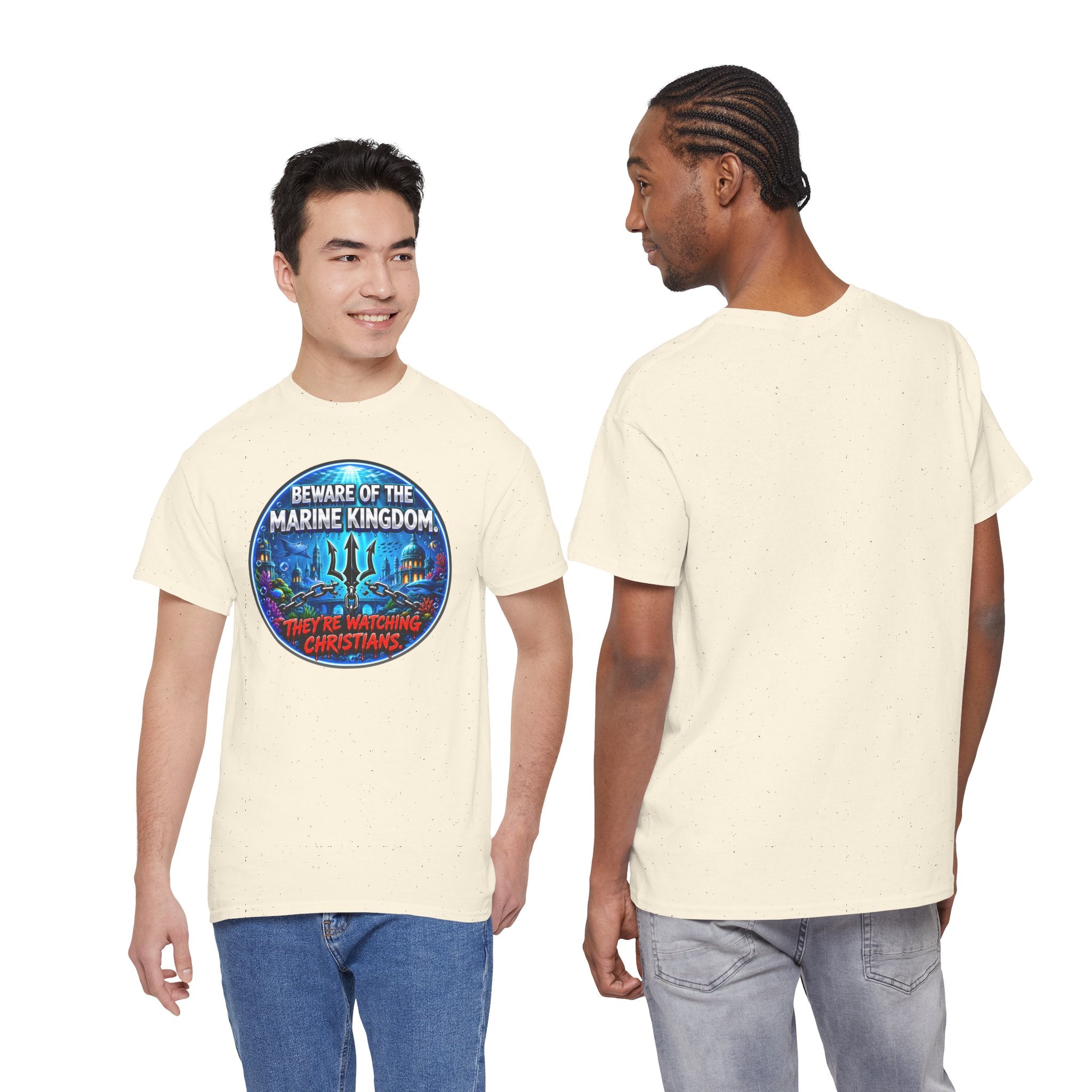 T‑Shirt — "Beware of the Marine Kingdom: They're Watching Christians" Vintage Ocean Graphic
