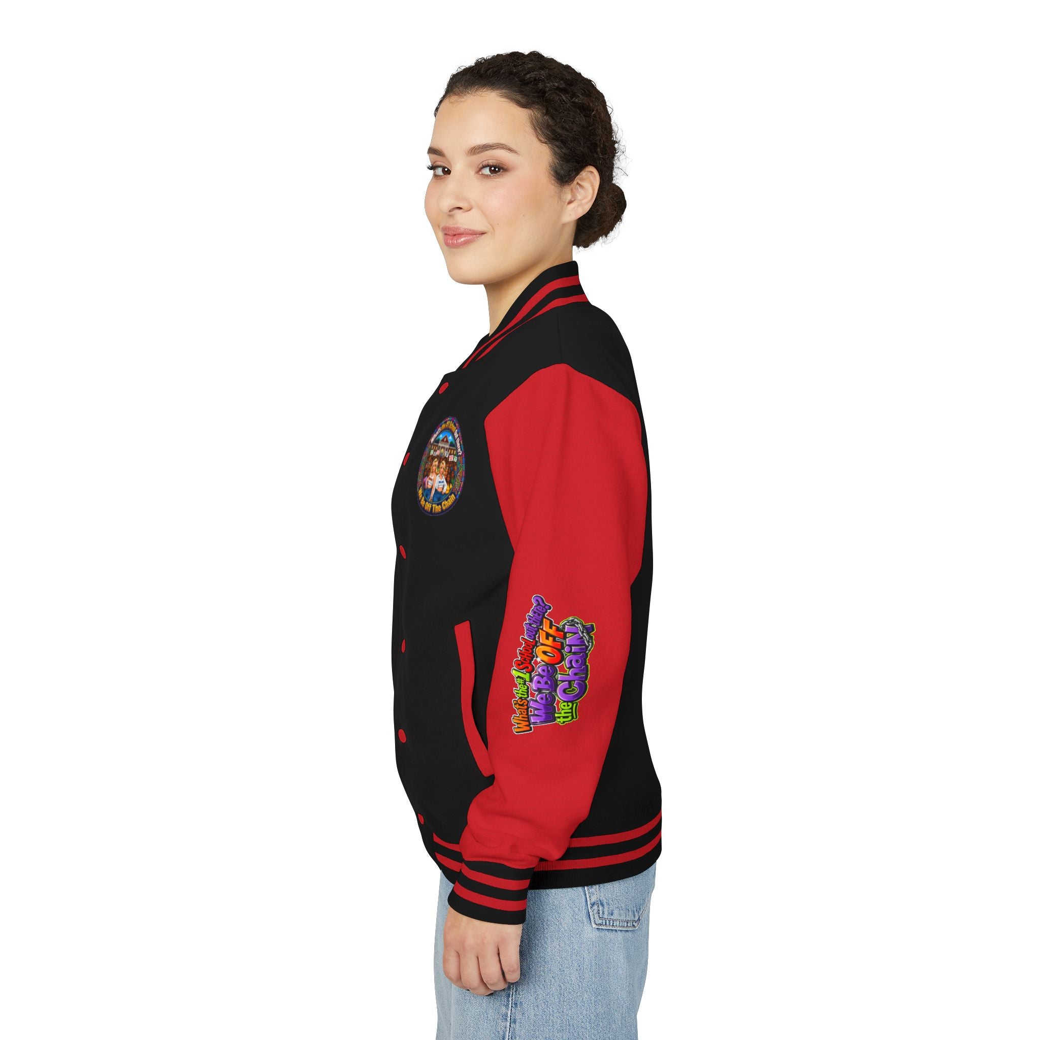 Letterman Jacket — Colorful School Spirit "We Be Off The Chain" Varsity Jacket