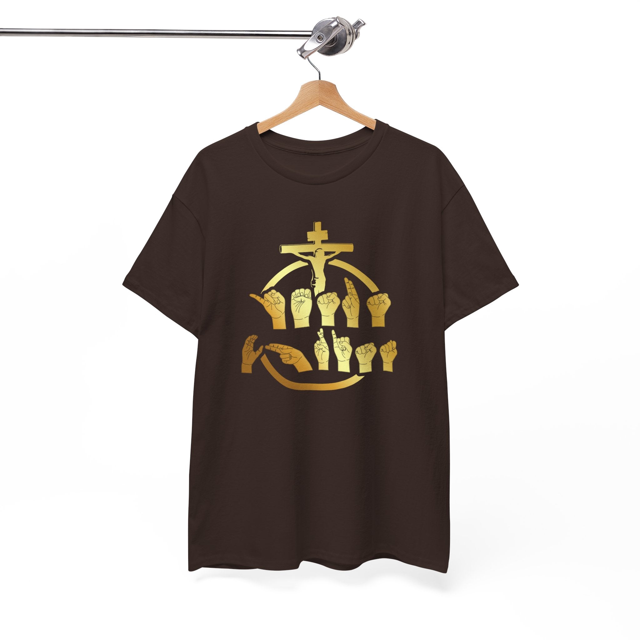 Christian Cross & Praying Hands T-Shirt — Gold Faith Design