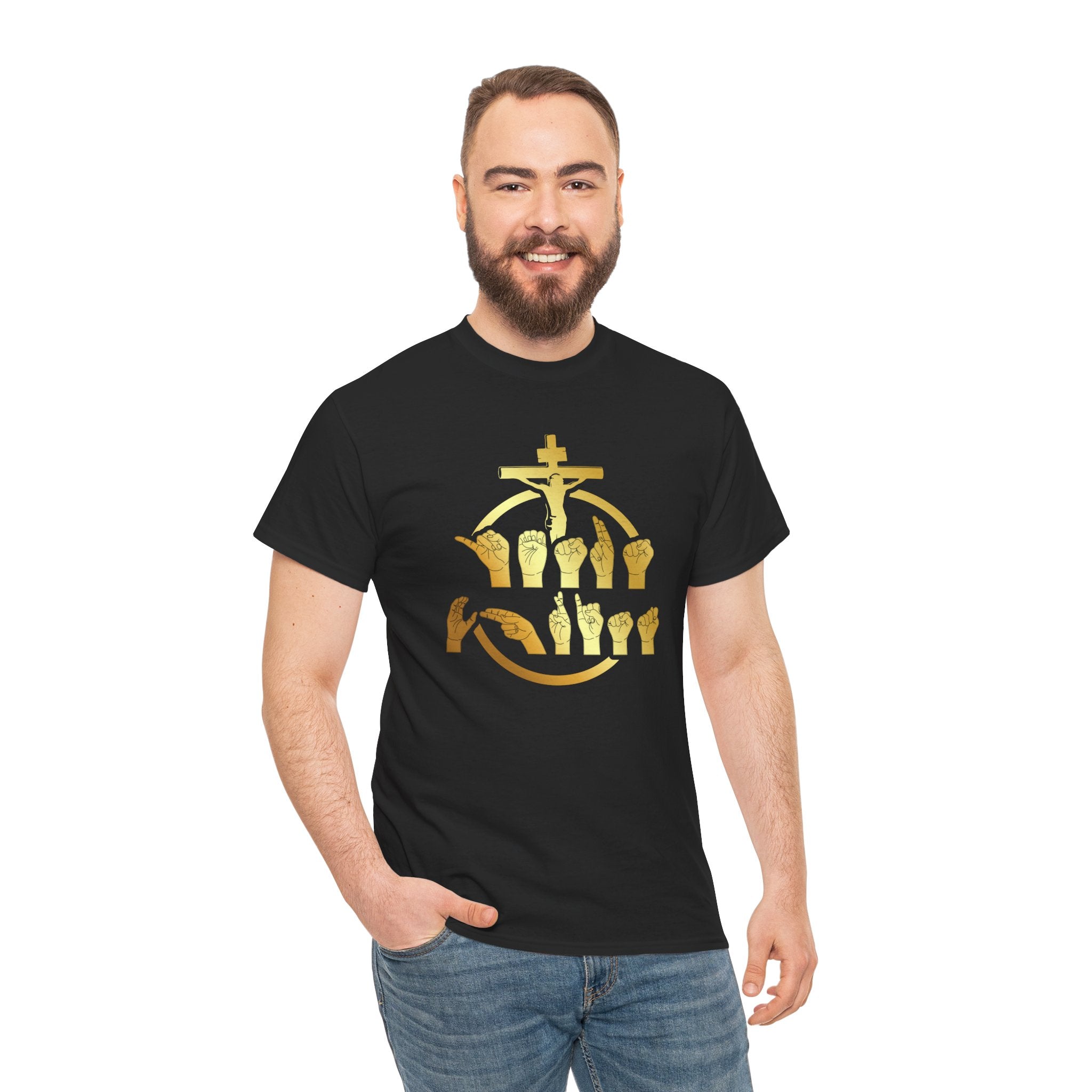 Christian Cross & Praying Hands T-Shirt — Gold Faith Design