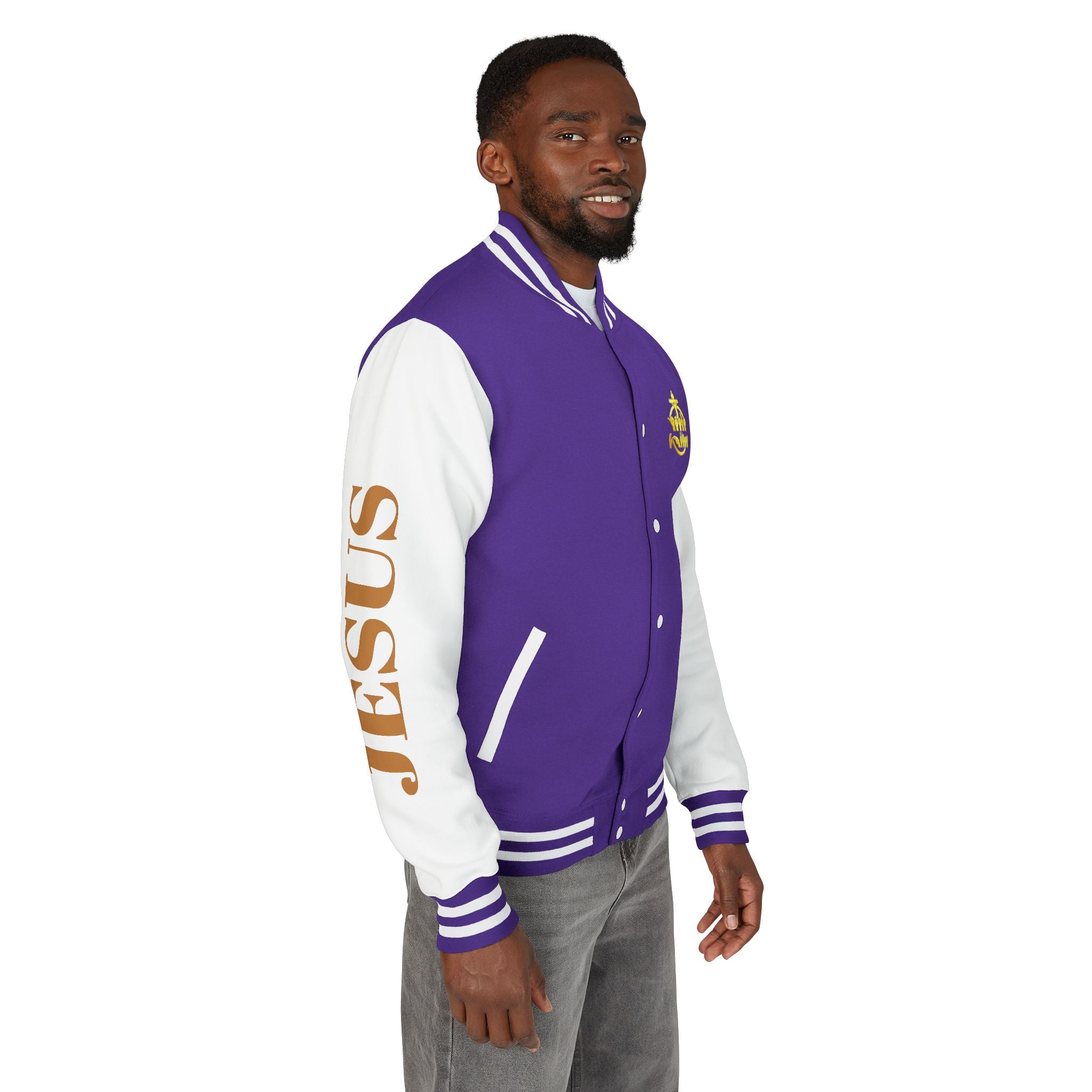 "Sign language Jesus Christ "     Christian Crown Letterman Jacket - 'Jesus Christ' Sleeve Varsity Jacket