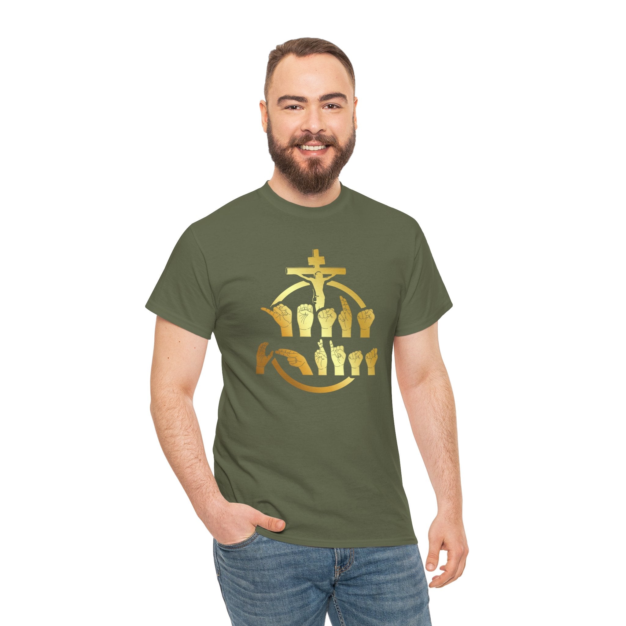 Christian Cross & Praying Hands T-Shirt — Gold Faith Design