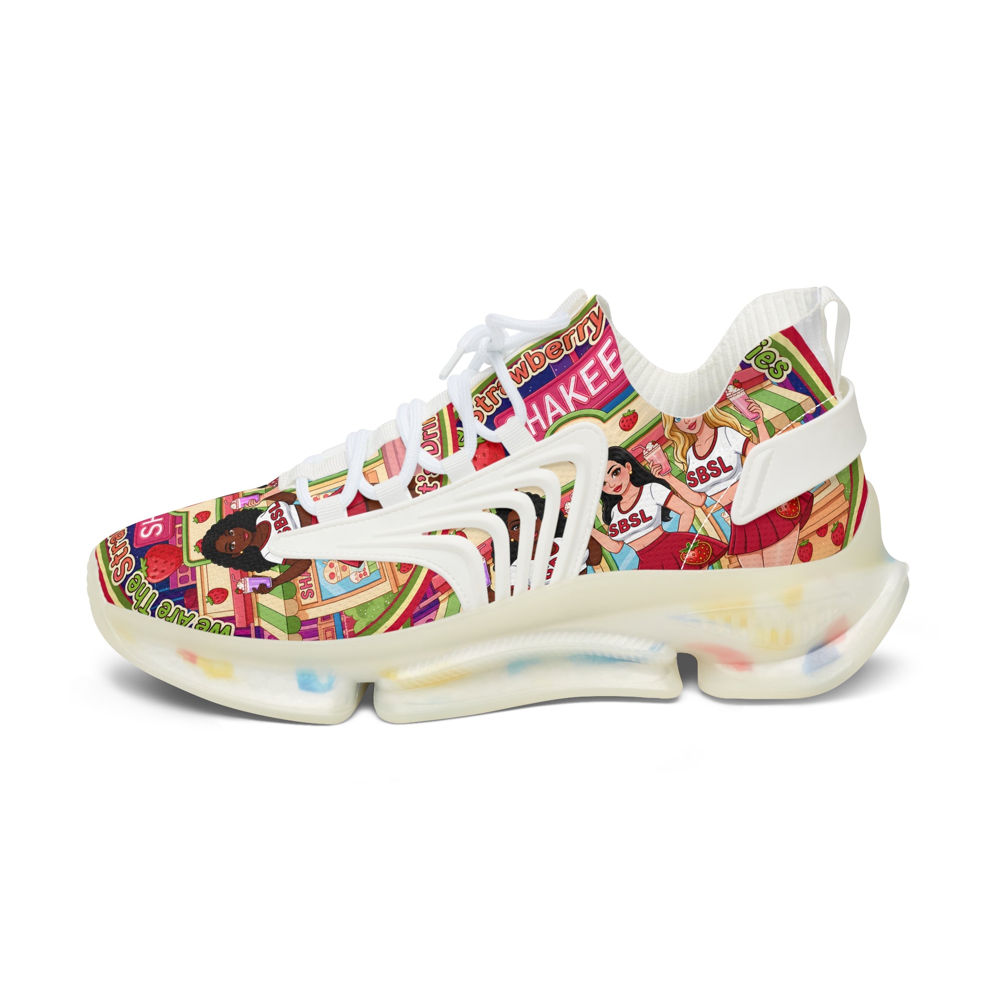 Women's Mesh Sneakers  "Strawberry Shake "— Colorful Retro Doll Print Athletic Shoes