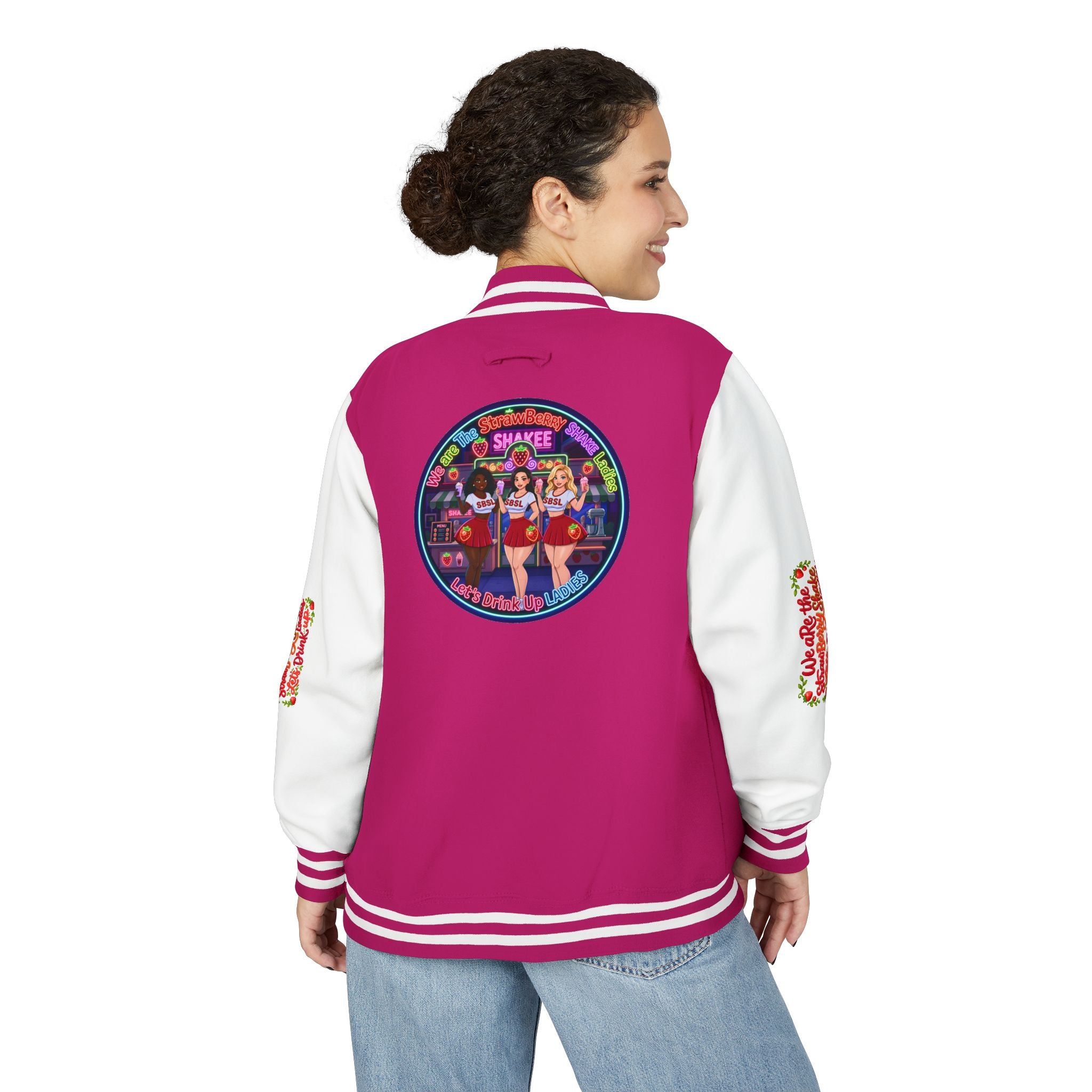 Letterman Jacket —" We Are The Strawberry Shake Ladies " Retro Shakee Cheer Graphic