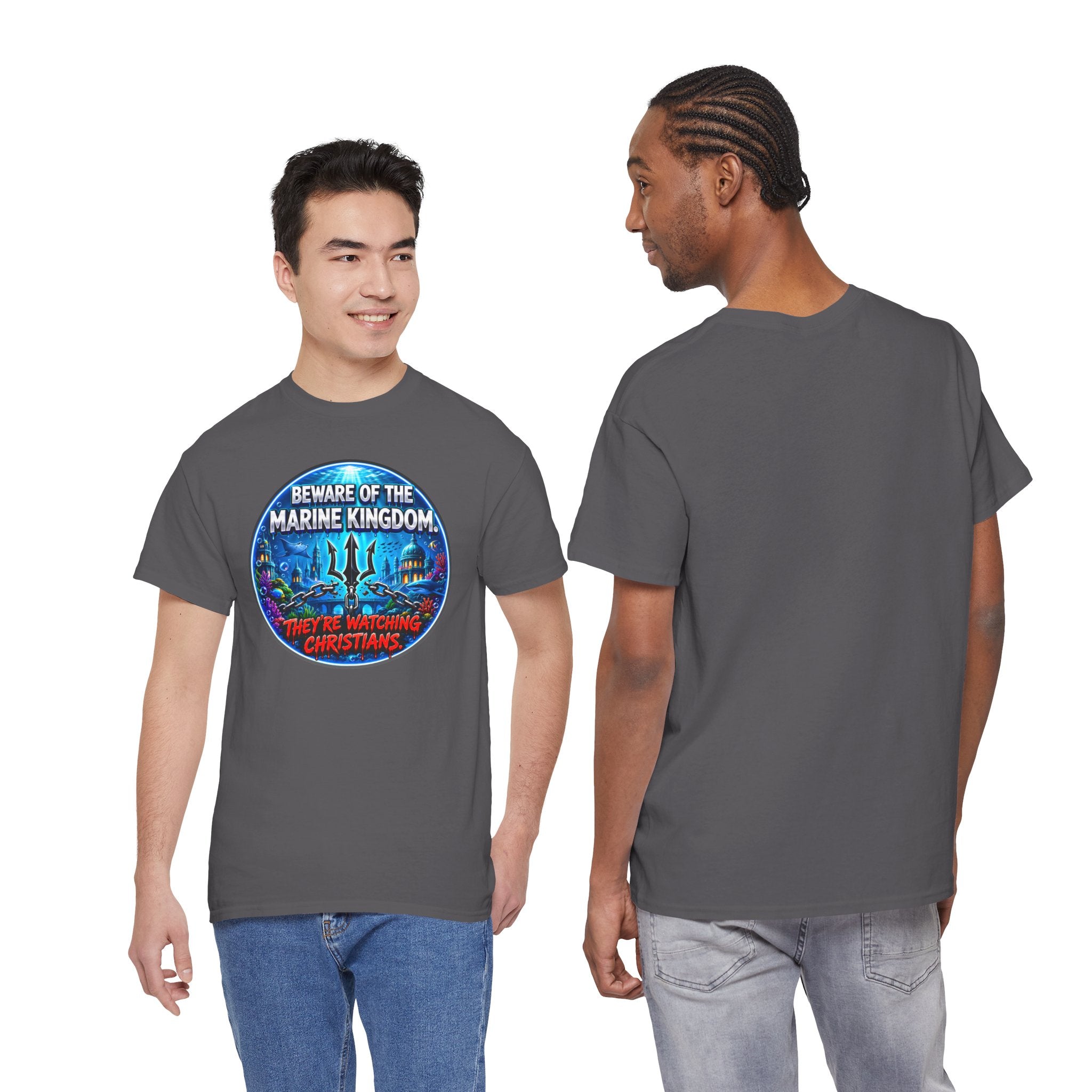 T‑Shirt — "Beware of the Marine Kingdom: They're Watching Christians" Vintage Ocean Graphic