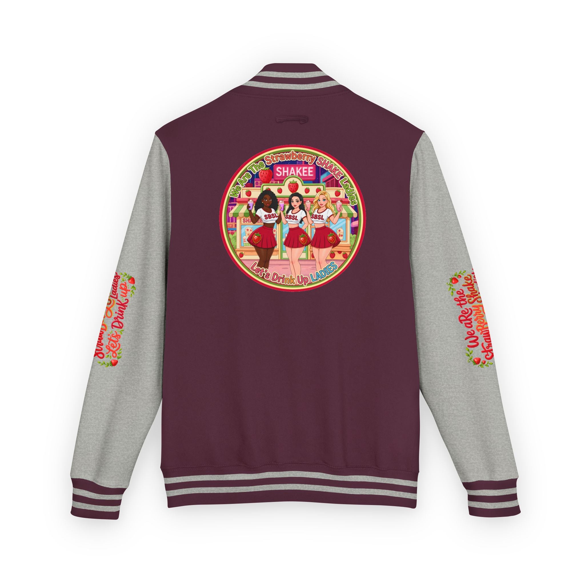 Letterman Jacket — " We Are The Strawberry Shake Ladies " Retro 'Shakee' Strawberry Girls Varsity Jacket