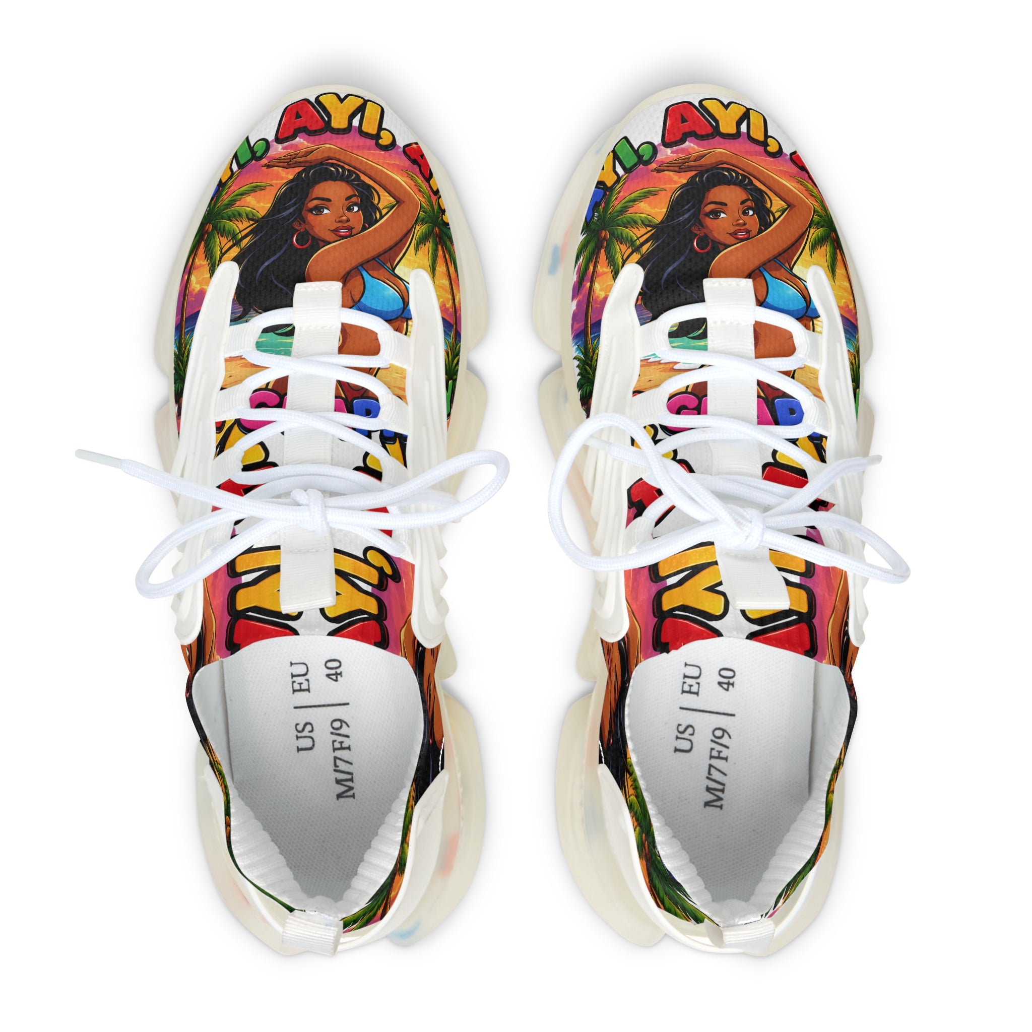 Tropical Vibe Women's Mesh Sneakers — "Ayi  Ayi Ayi Que Guapa Soy "Colorful Hawaiian Pin-Up Design