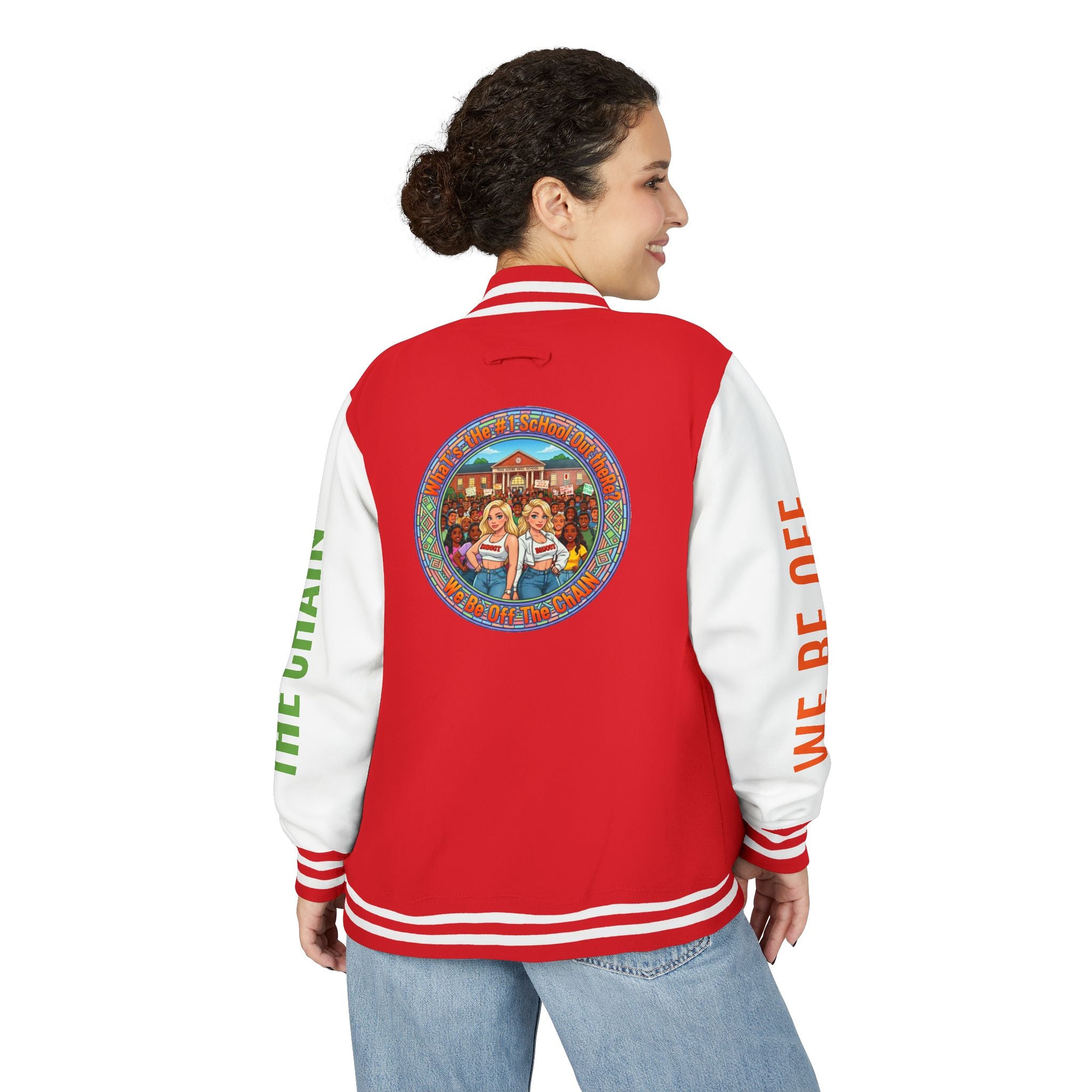 Retro Colorblock Letterman Jacket — 'We Be Off The Chain' Sleeve Print