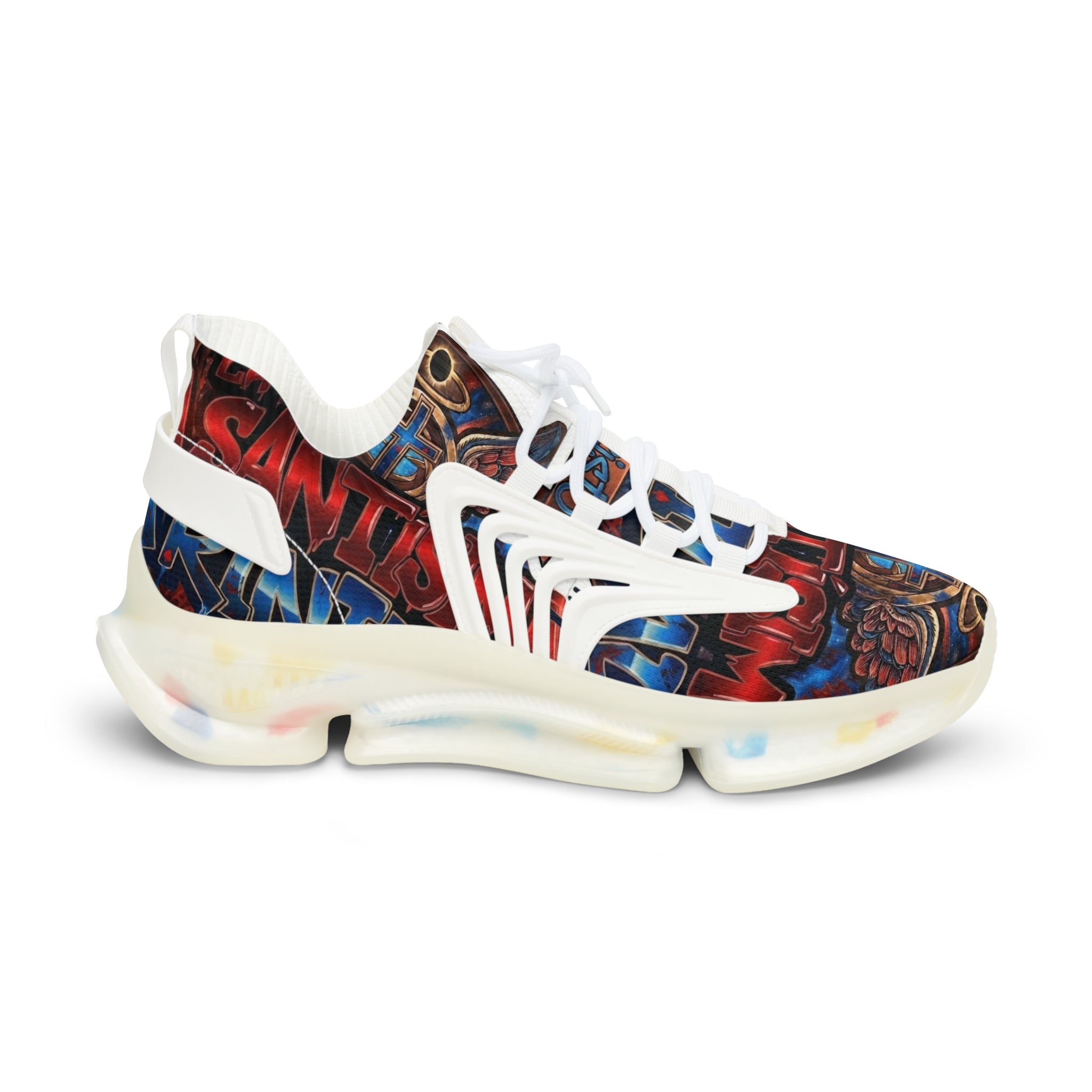 Men's Abstract Red Blue Athletic Sneakers — "La Santísima Tranidad"  Bold Pattern Mesh Running Shoes