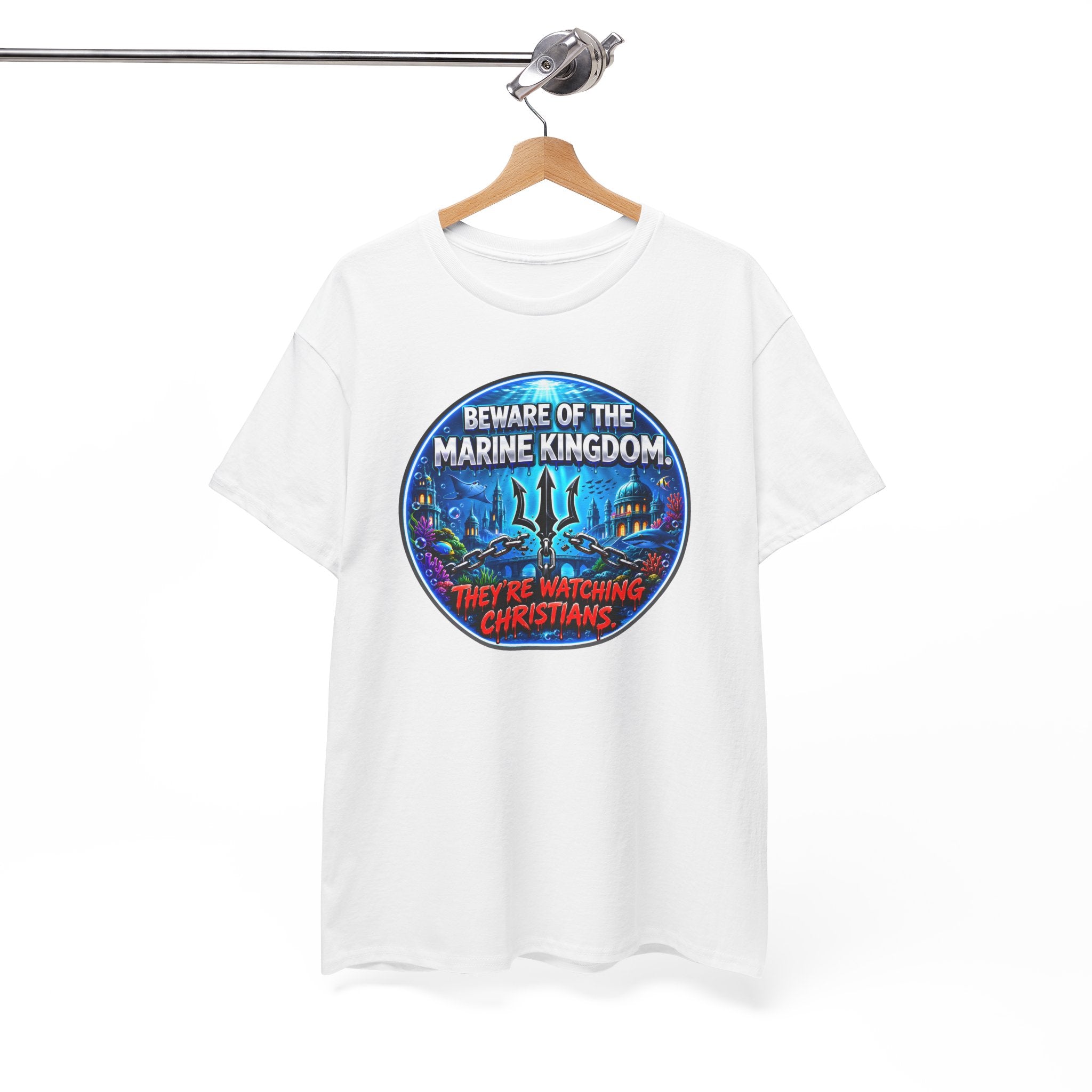 T‑Shirt — "Beware of the Marine Kingdom: They're Watching Christians" Vintage Ocean Graphic