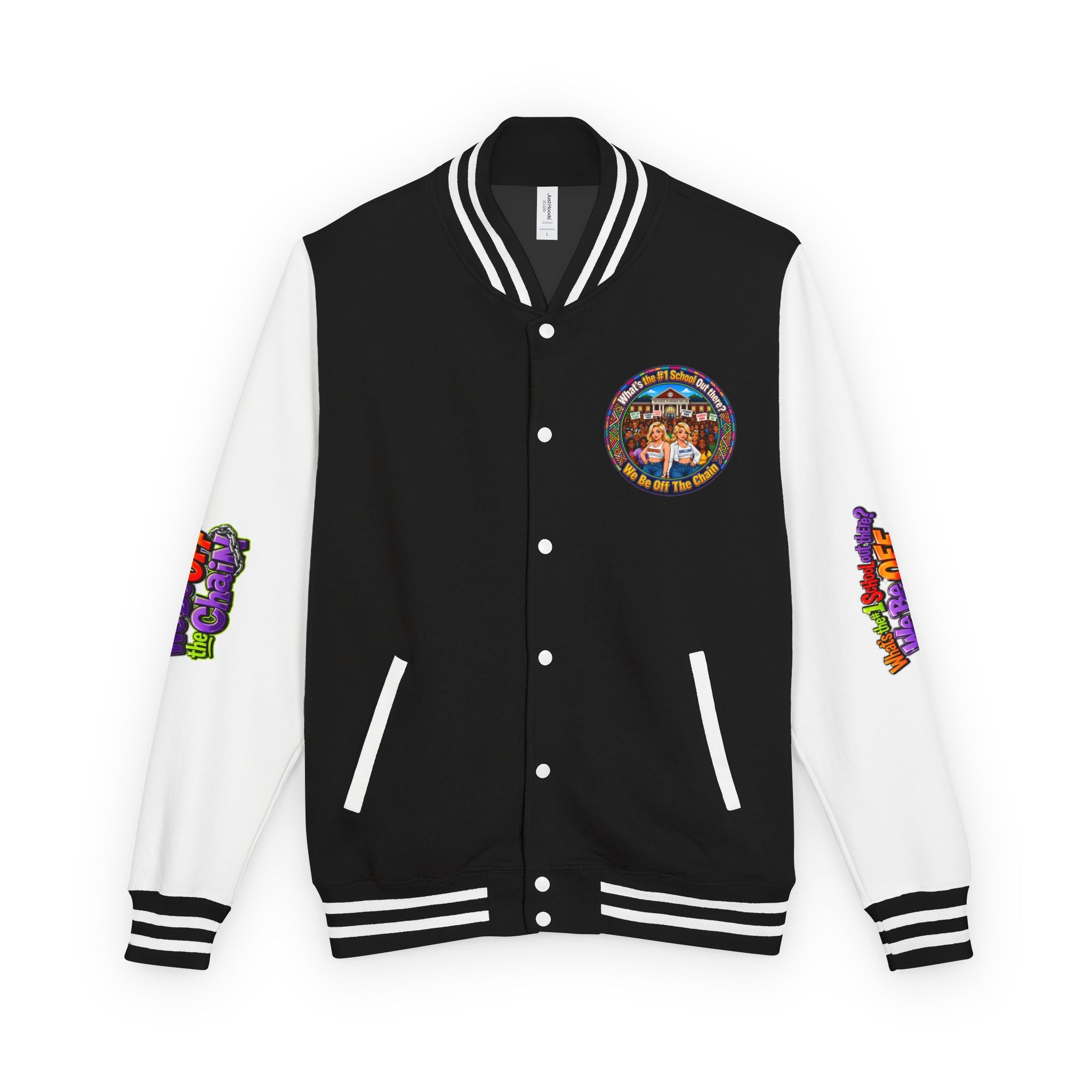 Letterman Jacket — Colorful School Spirit "We Be Off The Chain" Varsity Jacket